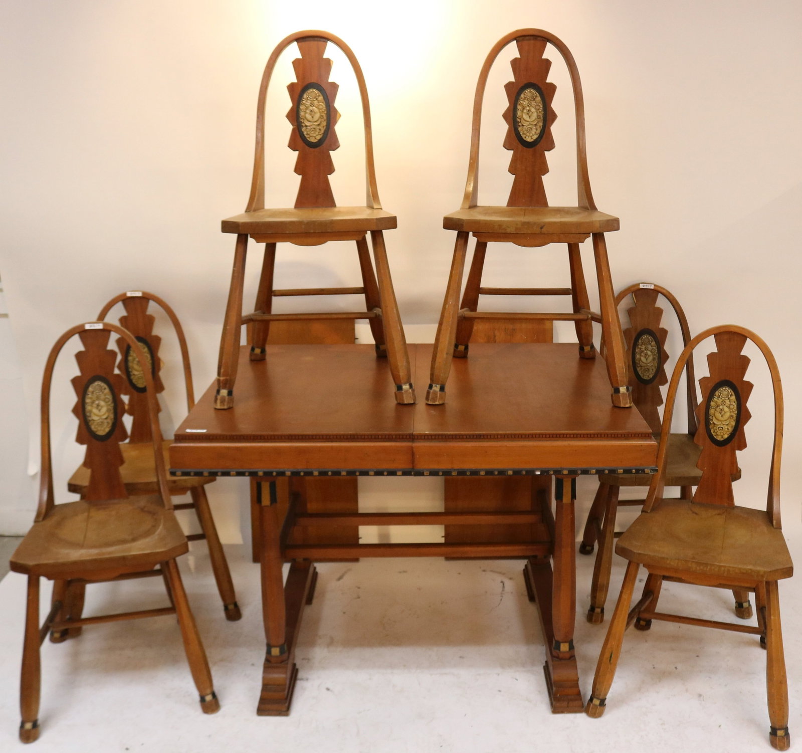 7 PCS. ART DECO DINING SET, TABLE WITH TWO 14": LEAVES, 30 1/4" H, 43 1/4" W, 33 1/4" D, SET 6 CHAIRS, MADE BY PHEONIX CHAIR CO., CHAIRS HAVE DELAMINATION & SOME STAINING, 35 1/2" H, 18 1/3" W, 20" D, 17" SEAT HEIGHT