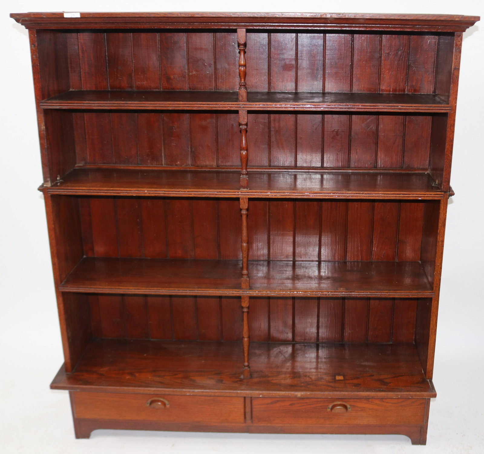 OAK & PINE 2 PART BOOKCASE WITH 2 DRAWERS, OPEN: FRONT, NATURAL FINISH, 56" H, 49 1/4" W, 10 1/2" D