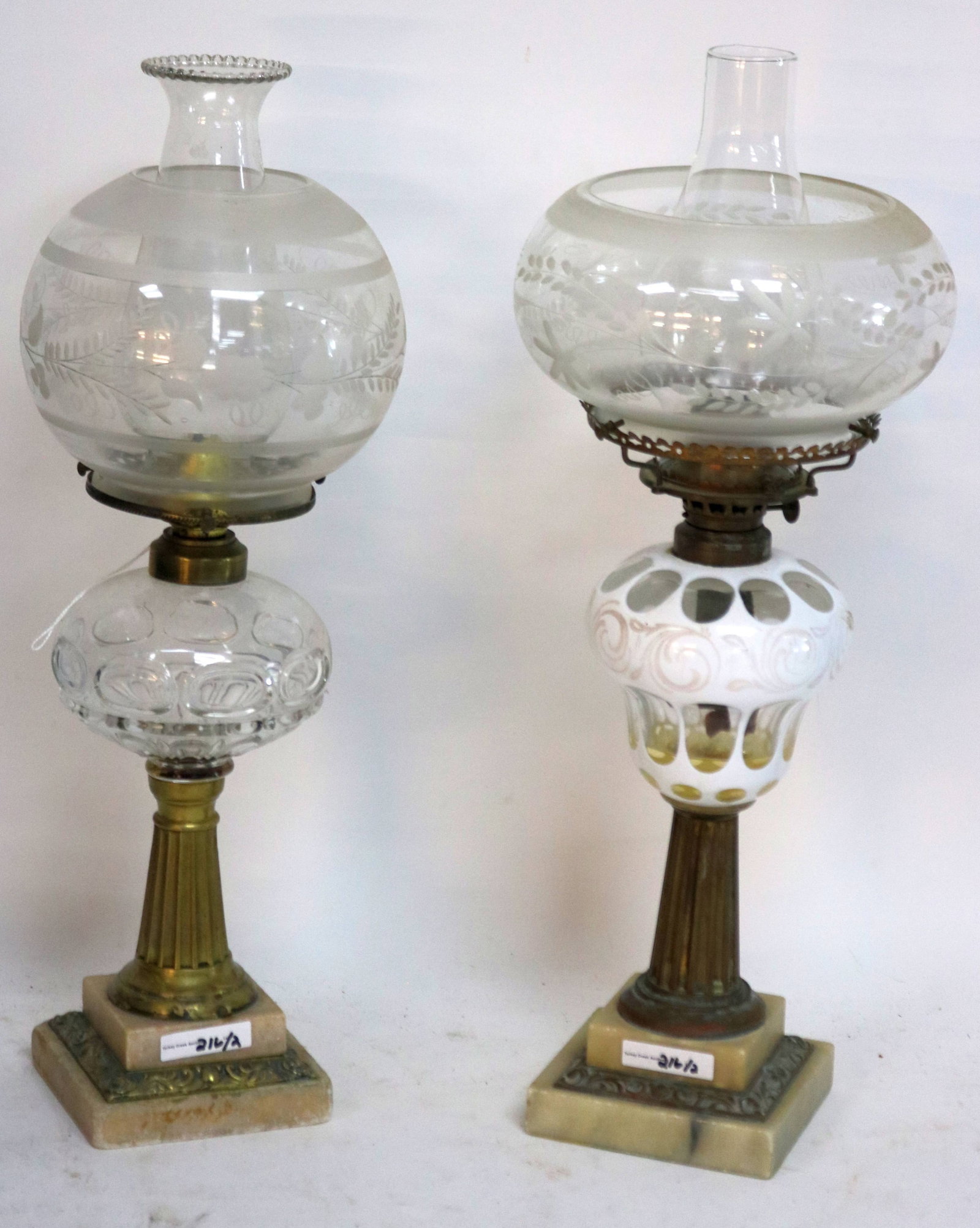 TWO 19TH C. FLUID LAMPS, OVERLAY FONT, BRASS (1 of 3)