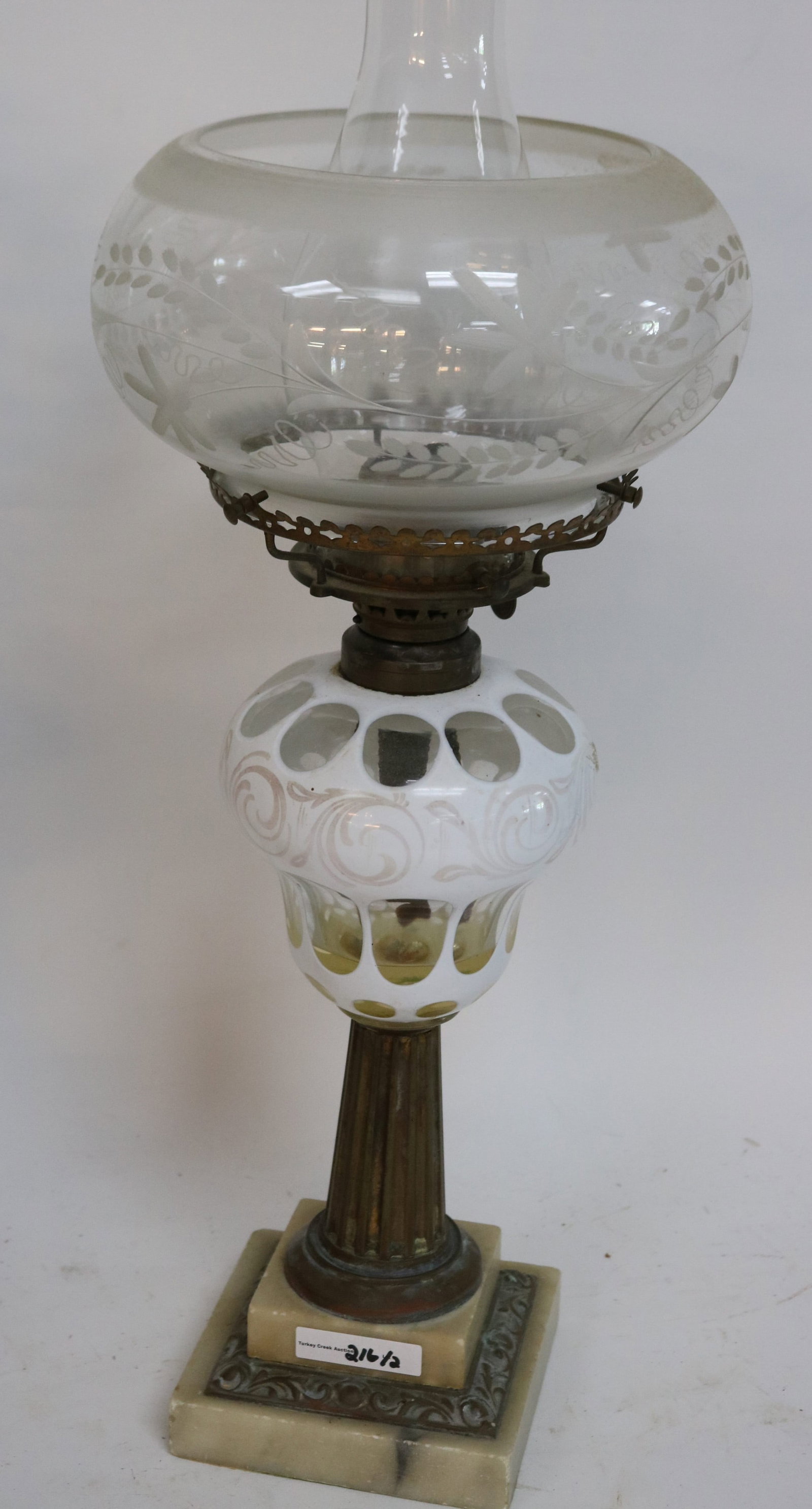 TWO 19TH C. FLUID LAMPS, OVERLAY FONT, BRASS - 3