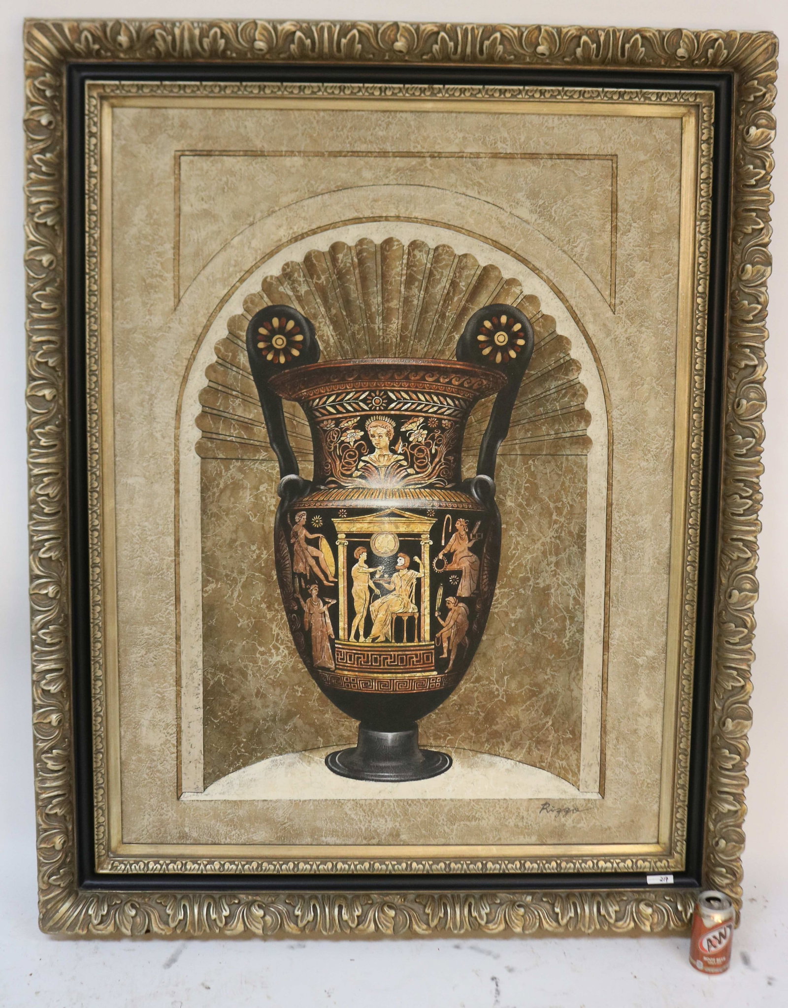 LARGE FRAMED PRINT ON CANVAS, GREK URN, FANCY: FRAME, 48" X 36" SIGHT, 58 1/2" X 46 1/2" OVERALL, GOOD CONDITION