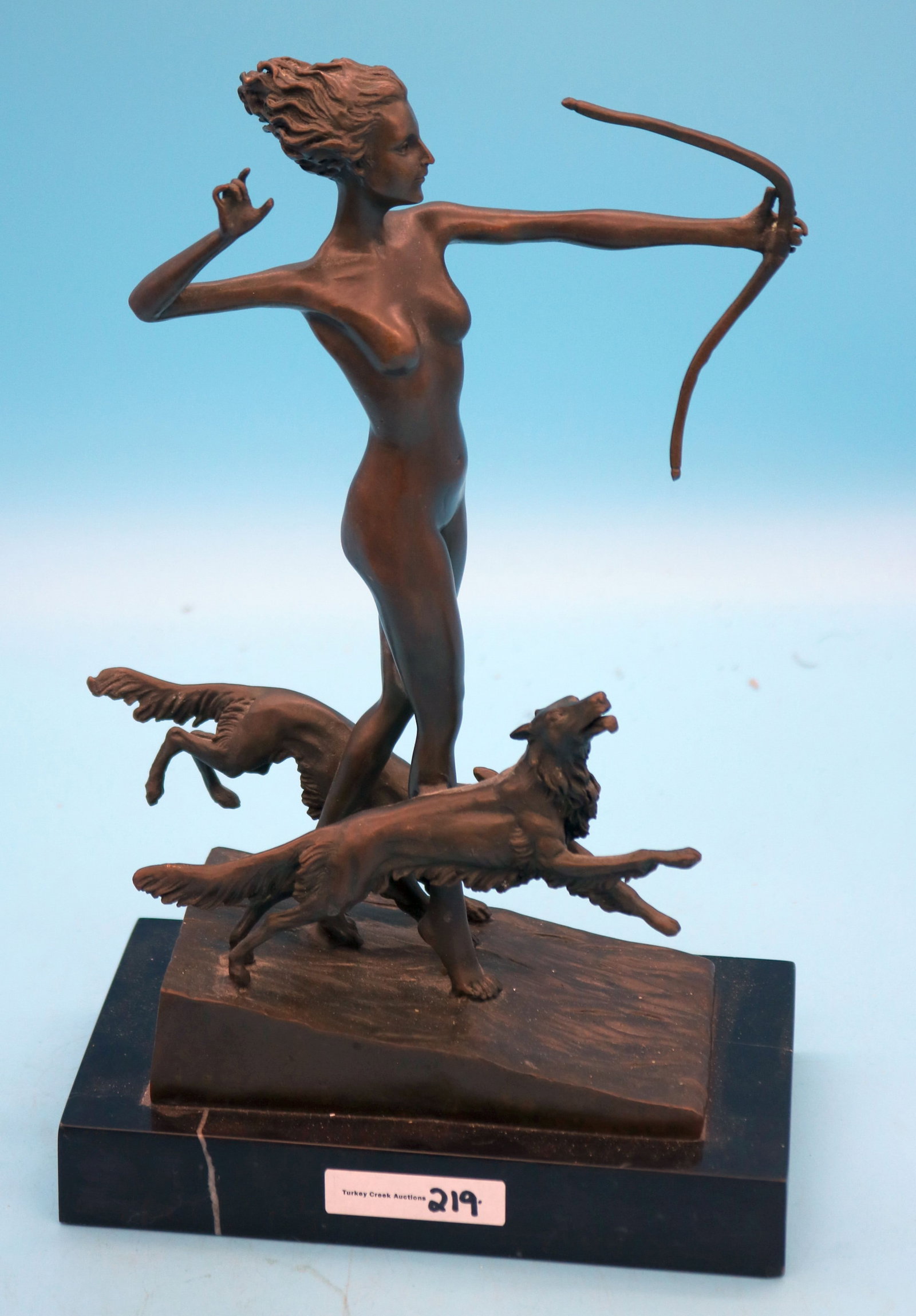 CONTEMPORARY BRONZE"DIANA THE HUNTER" SIGNED ON: MARBLE BASE, 11 1/2" H, 7" W, 4" D, MISSING ARROW & STRING