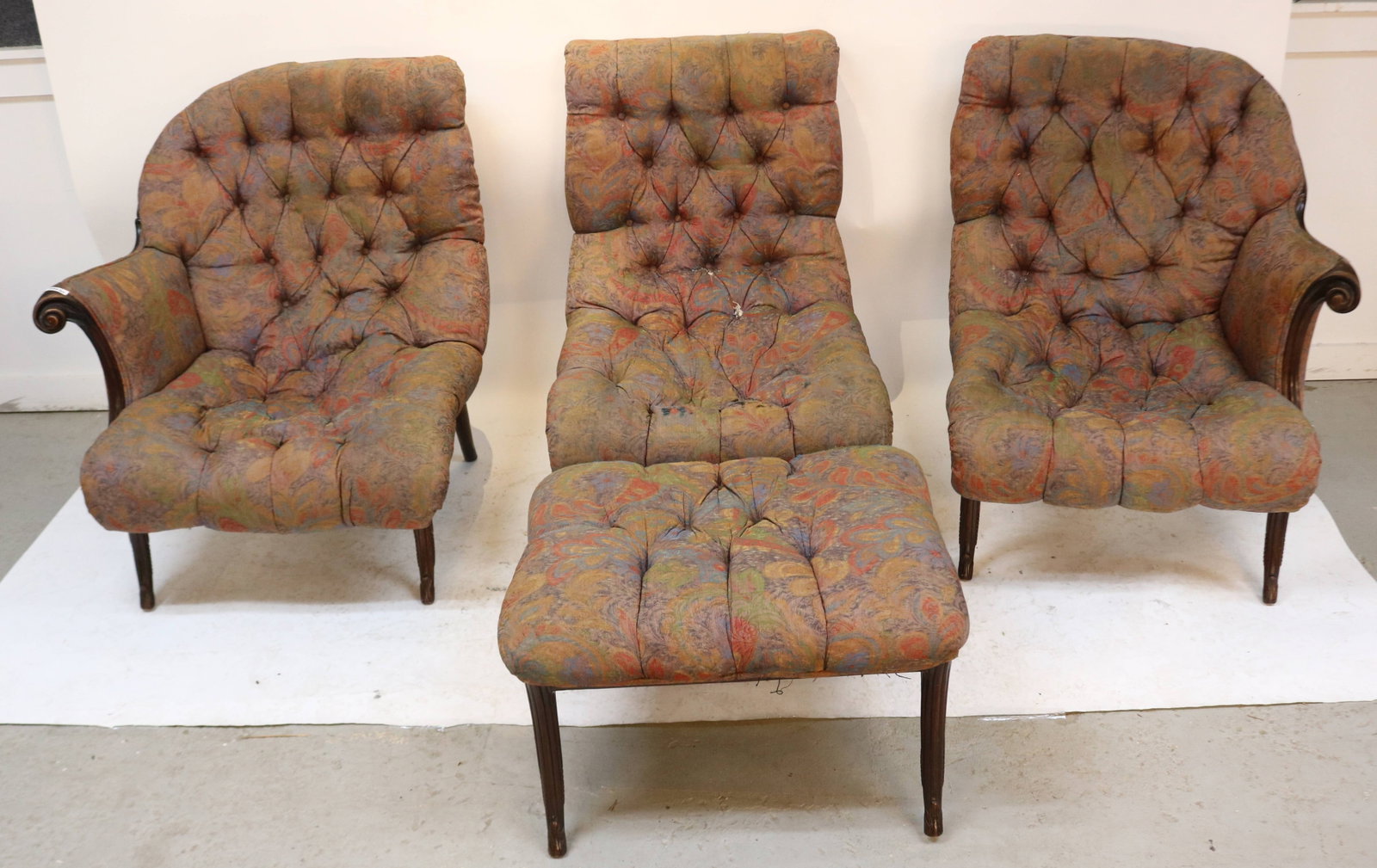 UNUSUAL FRENCH STYLE MAHOGANY 4 PCS. SOFA SET, 3: PART SOFA, TUFTED UPHOLSTERY, CARVED & SHAPED FRAME, MATCHING OTTOMAN, CENTER CHAIR NEEDS REPAIR, 33 1/2" H, 25" - 28" W, 39" D, UPHOLSTERY SHOWS WEAR