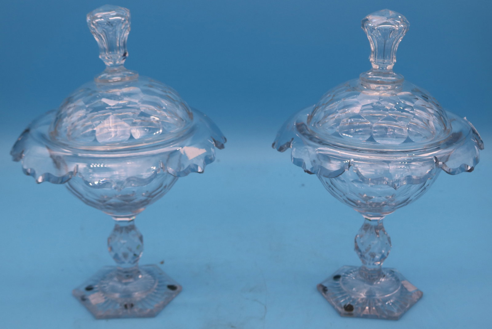 TWO 19TH C. CUT GLASS SWEETMEAT DISHES WITH: COVERS, BOTH SHOW CHIPS, 12" H, 8" DIA.