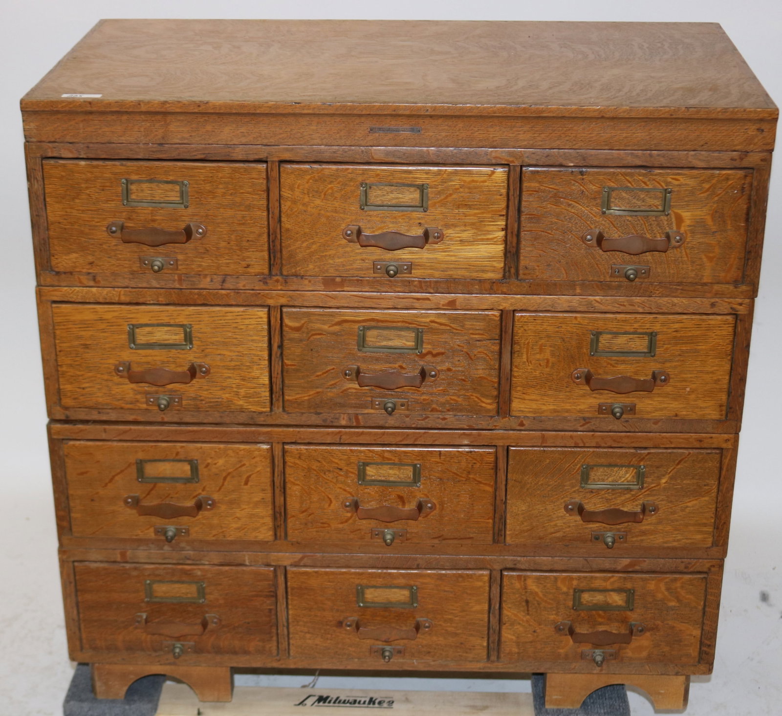 OAK 4 STACK FILE UNIT, 12 DRAWERS, METAL INTERIOR (1 of 3)