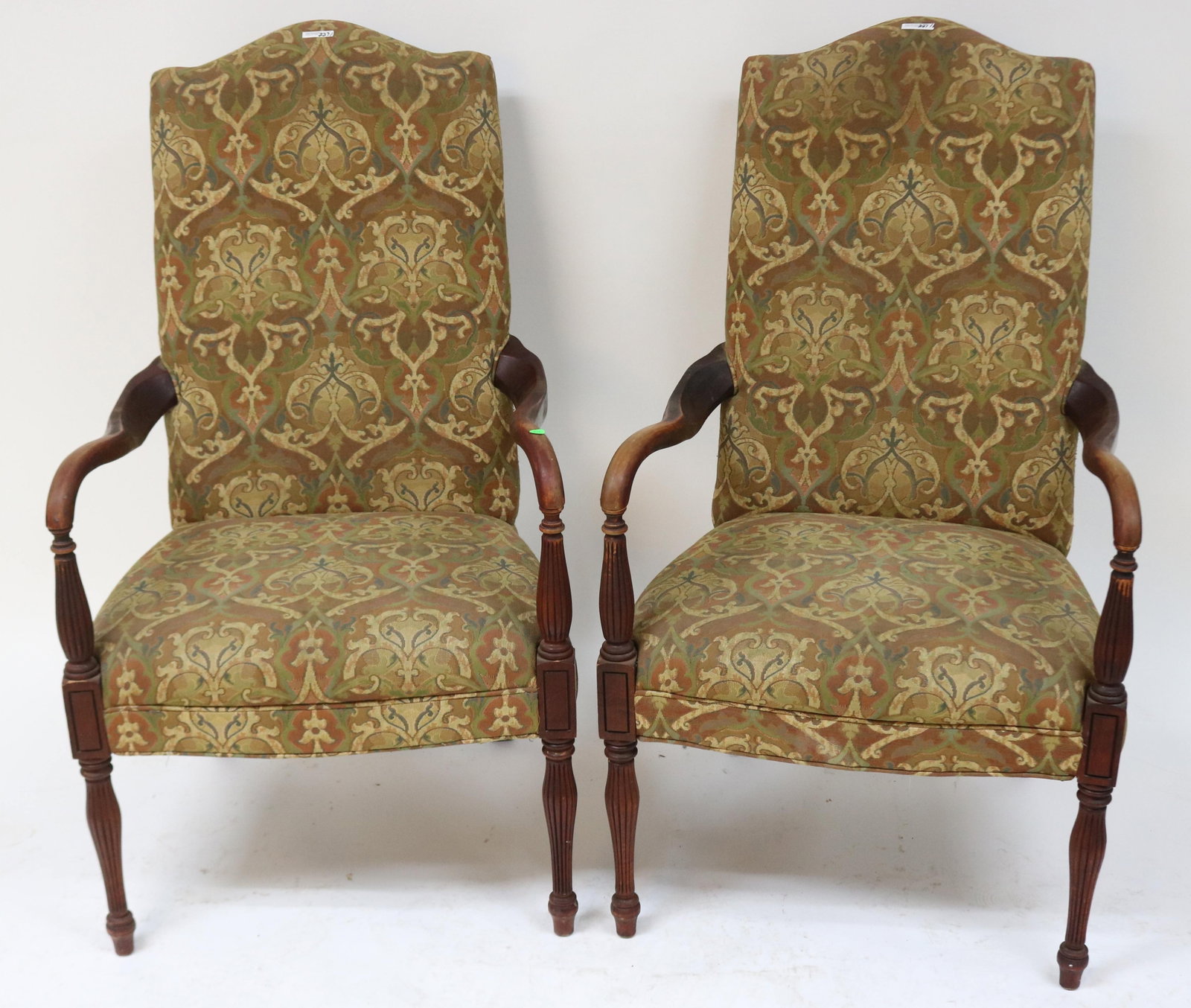 PAIR CUSTOM MAHOGANY SHERATON STYLE ARM CHAIRS,: UPHOLSTERED BACK & SEAT, WORN FINISH, 44" H, 25" W, 25" D, 18" SEAT HEIGHT