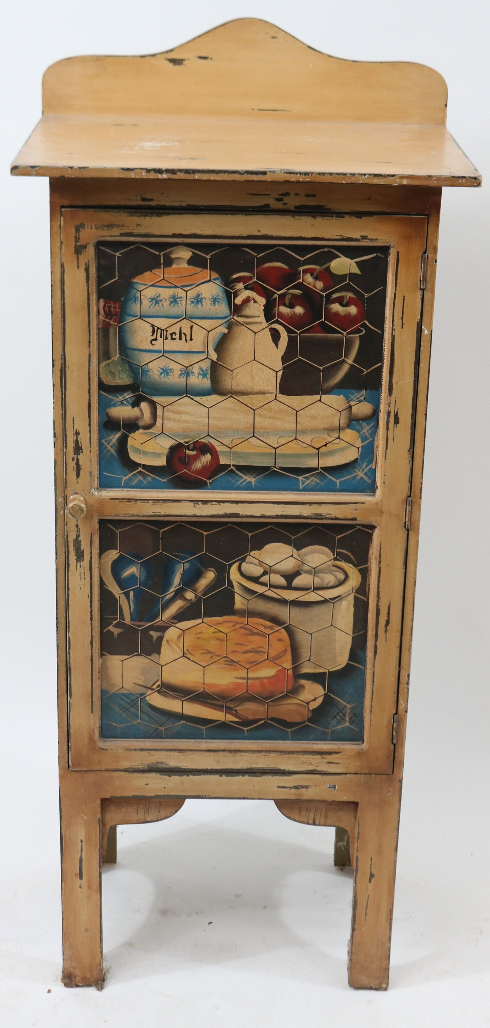 FAUX PAINTED 1 DOOR CABINET, 48 1/4" H, 20" W, 13: 1/2" D, GOOD OVERALL CONDITION