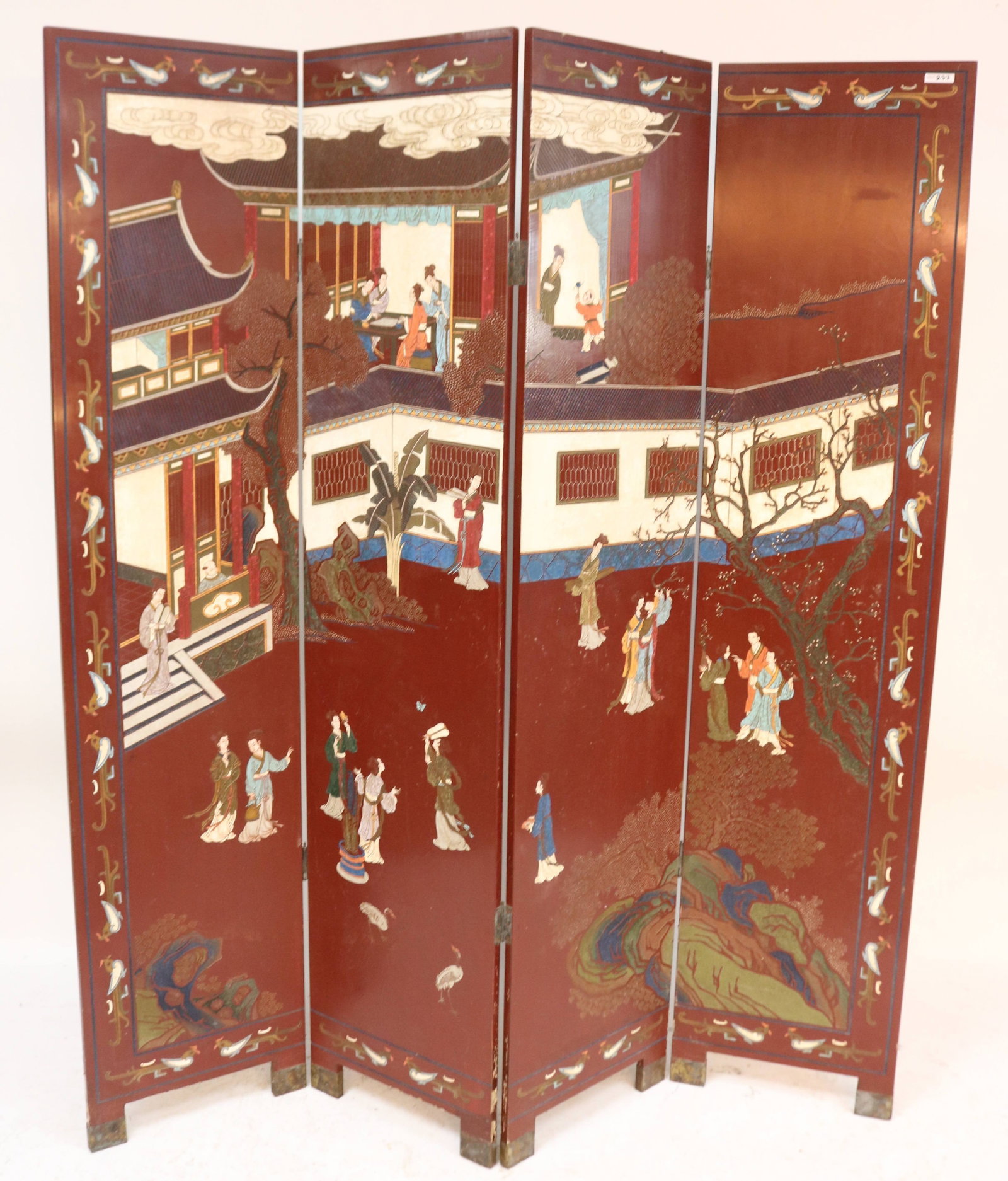 4 FOLD ORIENTAL LACQUERED SCREEN, POLYCHROME: PAINTED SCENES, 72" H, 64" W, MINOR ROUGHAGE