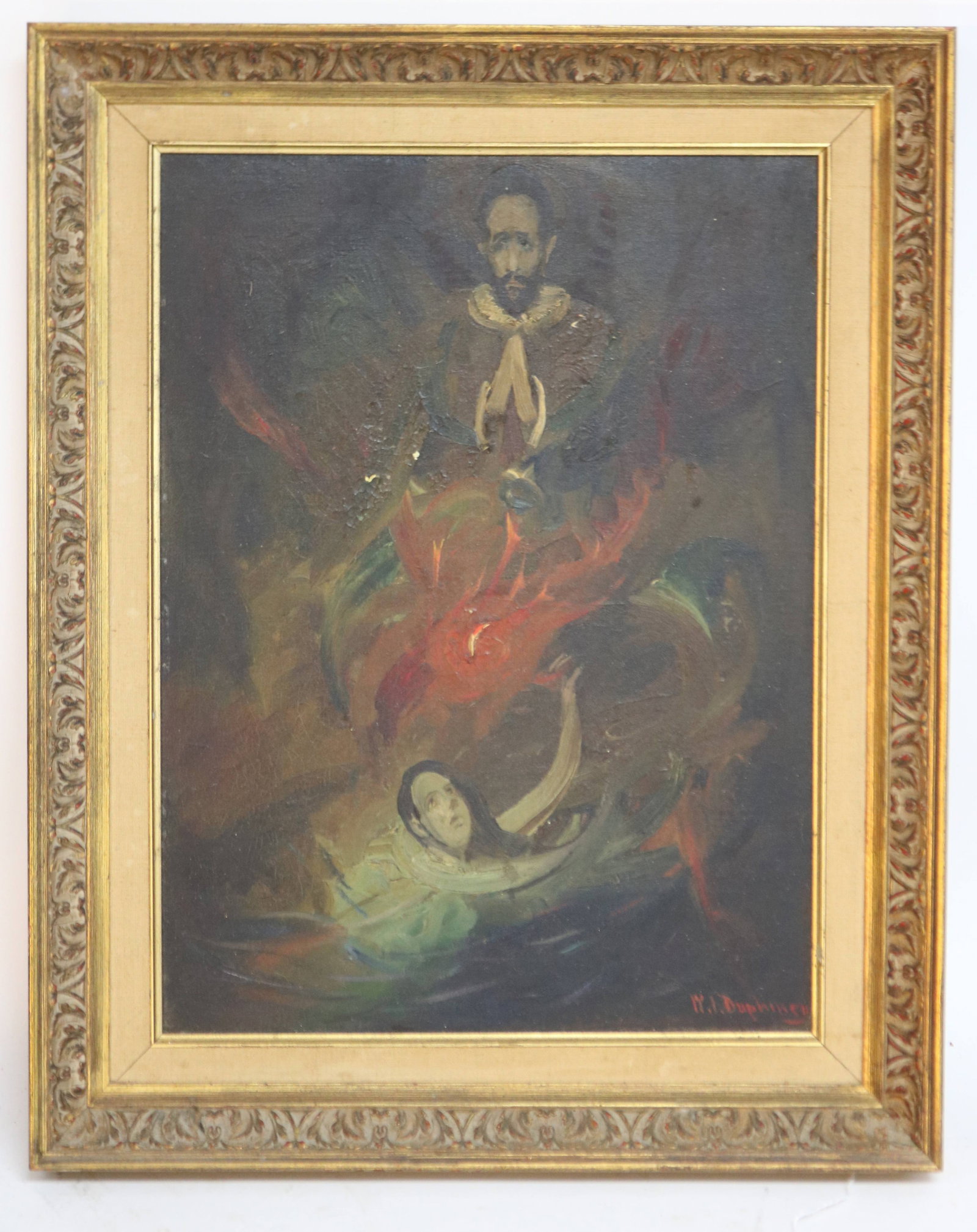 W.I. DUPHINEY 1884-1960, RI. OIL ON BOARD, SIGNED: LOWER RIGHT AND ON VERSO, TITLED"EL GRECO DREAMS" DEVIL IN ECSTASY, 15 3/4" X 11 1/2" SIGHT, GOLD FRAME, 20" X 16" OVERALL