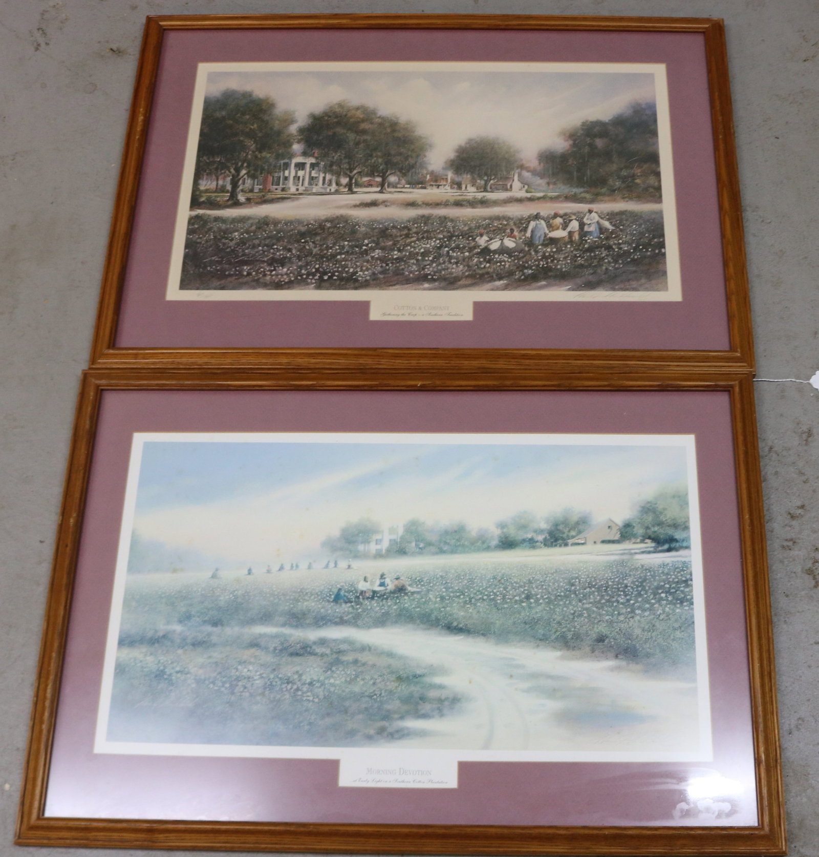 2 FRAMED & GLAZED PRINTS, DEPICTING PLANTATION: LIFE, ENTITLED"COTTON & COMPANY" AND"MORNING DEVOTION" 13 1/2" X 23" SIGHT, 20 1/4" X 29 1/4"