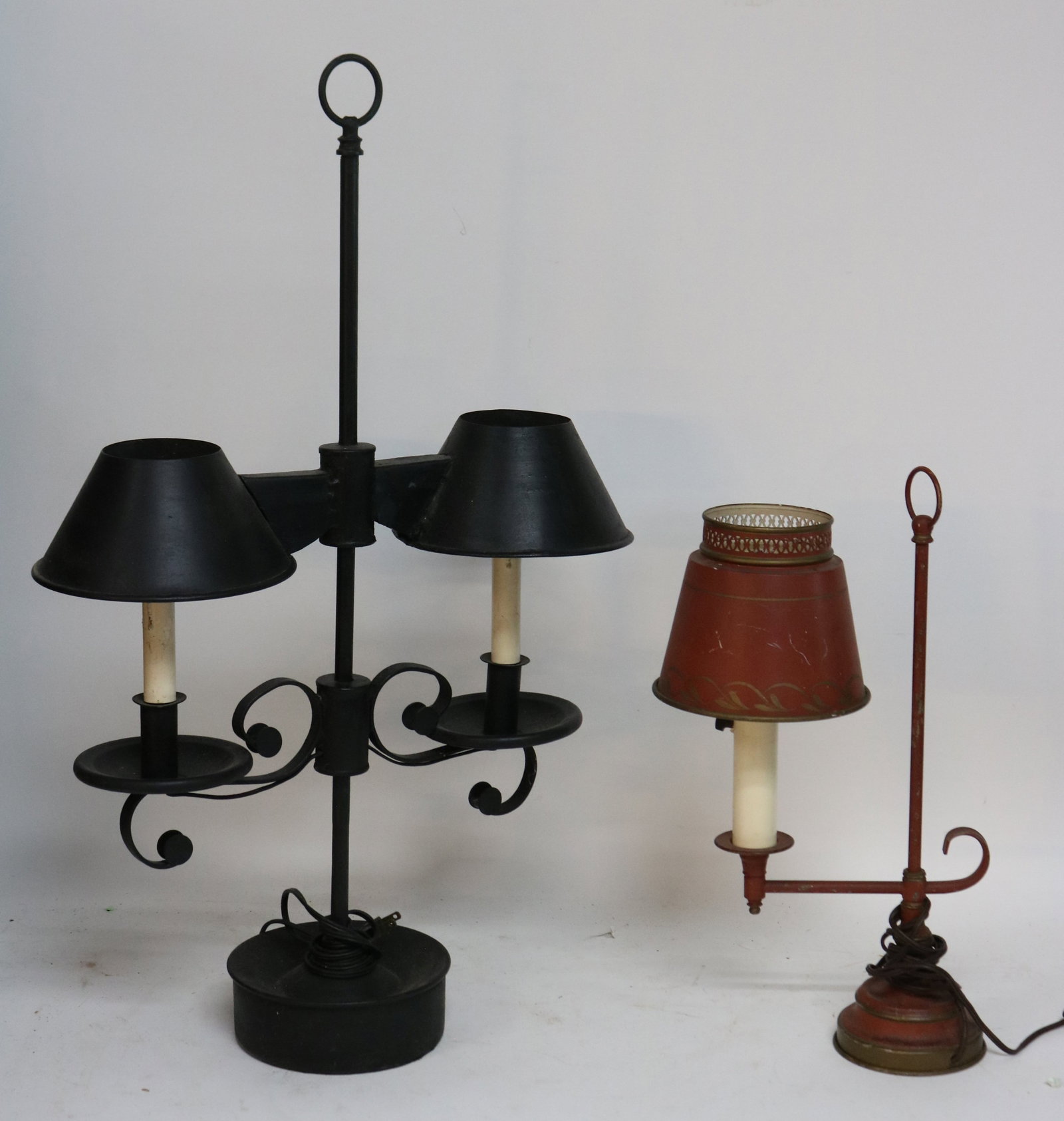 2 TOLE TABLE LAMPS, RED & BLACK, ADJUSTABLE, 17: 1/4" - 28 1/4" H, 9 1/2" - 17" W