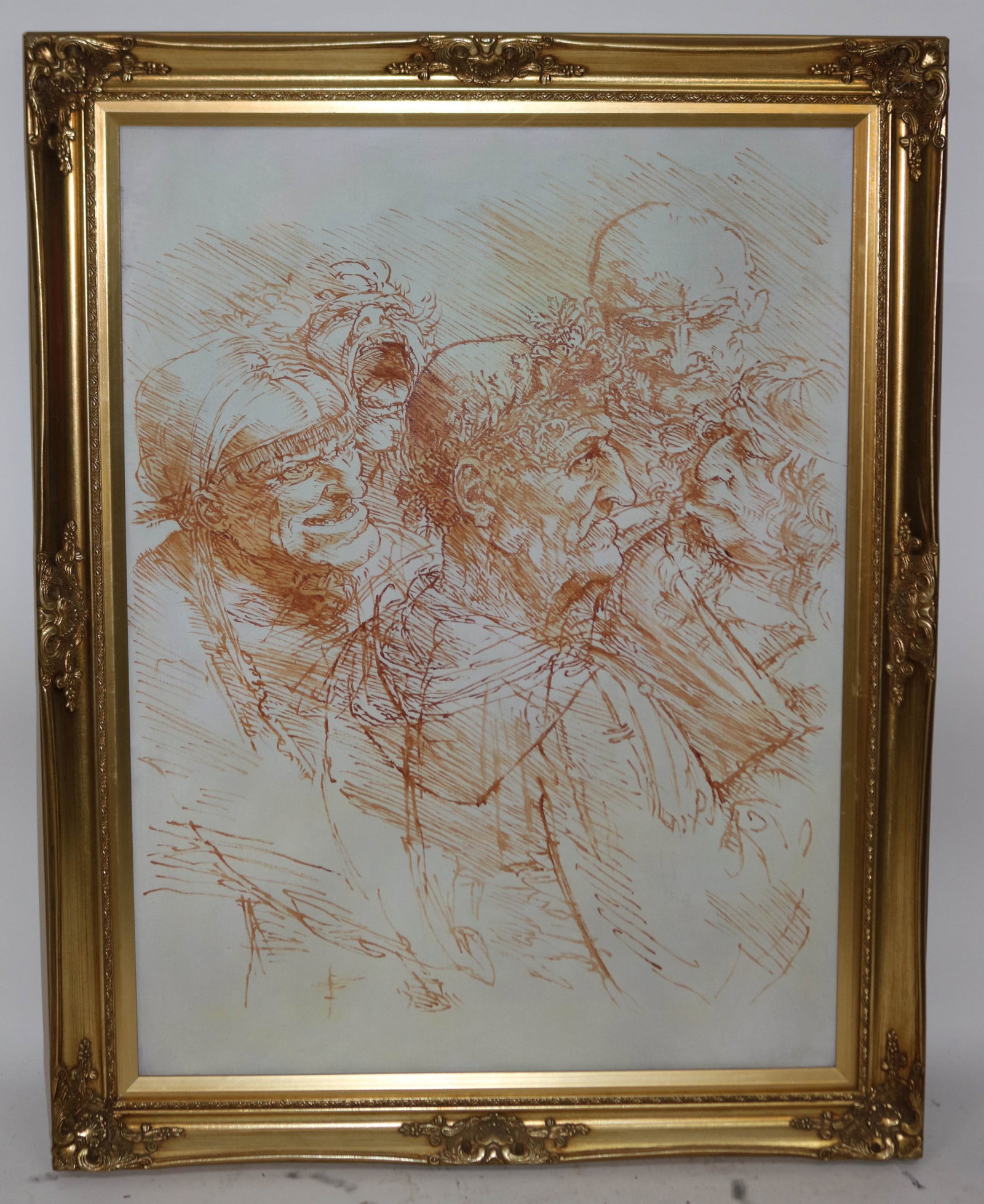ABDON J. ROMEHO, B 1974 VENEZUELA, PORTRAIT AFTER: LEONARDO DA VINCI, STUDY S GROTESQUE HEADS, 40" X 30" SIGHT, ORNATE GILT FRAME, 47" X 37" OVERALL, HAS PAPERWORK