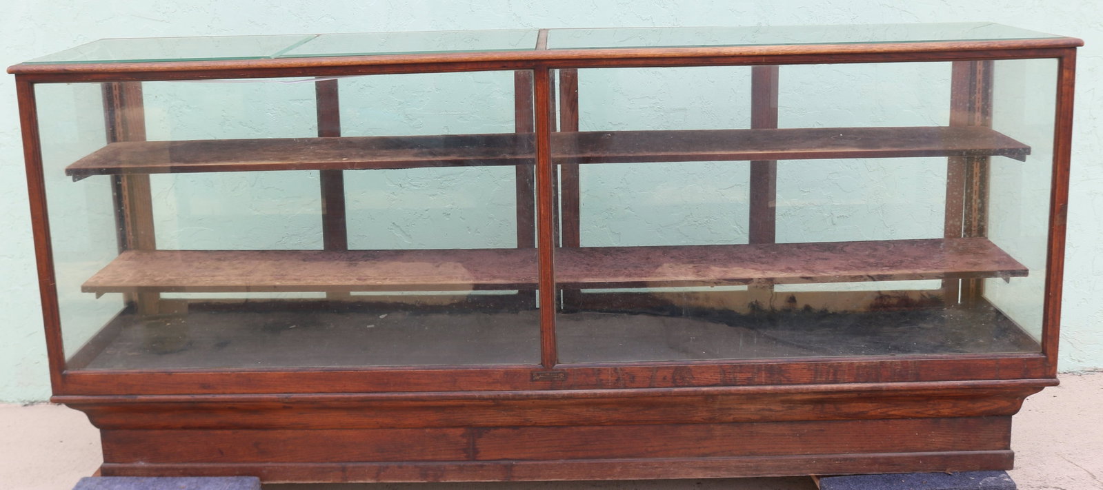 LARGE OAK DISPLAY CASE, 3 PCS. BEVELED GLASS TOP,: WOOD SHELVES, 42 1/2" H, 96" W, 25" D