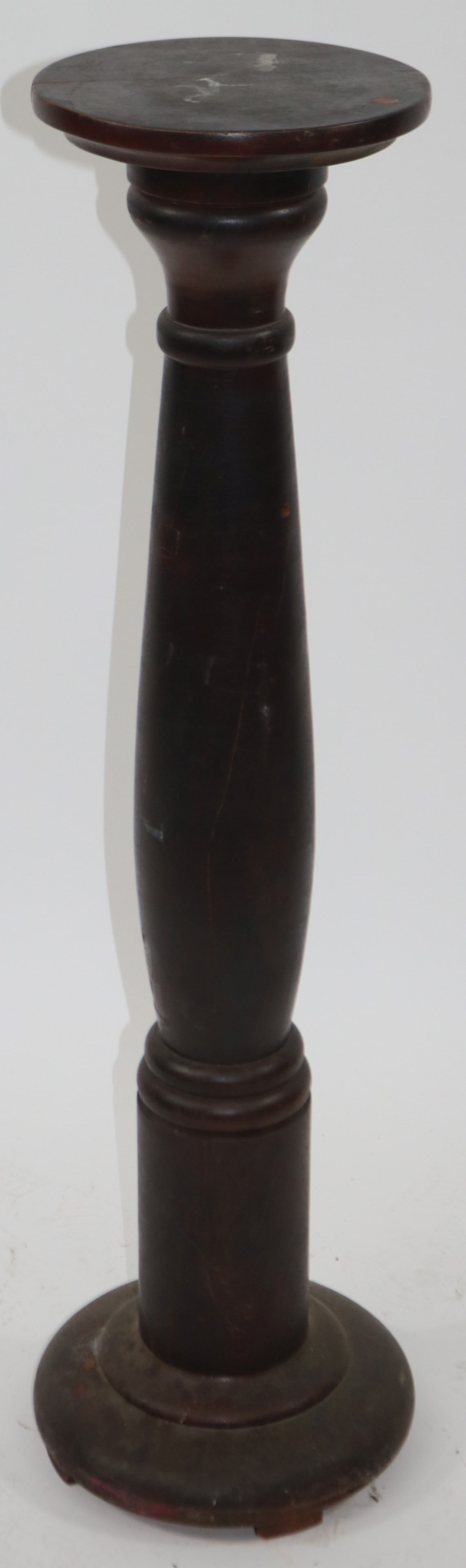 TURNED WOODEN PEDESTAL, DARK FINISH, ROUND TOP &: BASE, 37 1/2" H, 10 1/2" DIA.