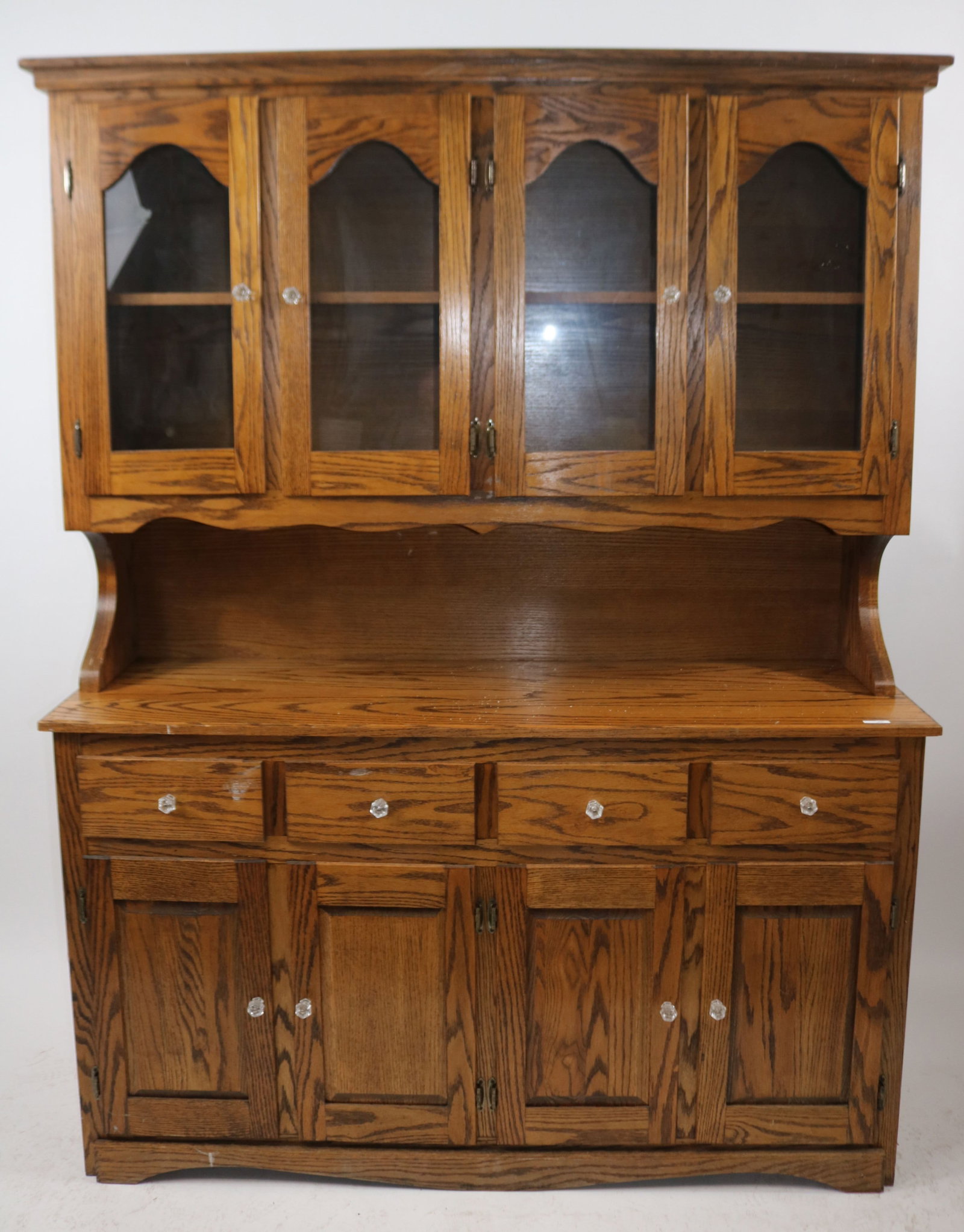 CONTEMPORARY OAK STEP BACK CUPBOARD, NATURAL: FINISH, 4 GLASS DOOR TOP, BASE WITH 4 DRAWERS & 4 DOORS, 78 3/4" H, 60" W, 17" D
