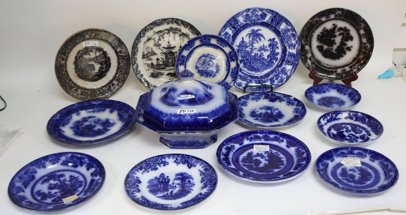 14 PCS. FLO BLUE & MULBERRY, PLATE TUREEN, TEMPLE: FORMOSA AND OTHER