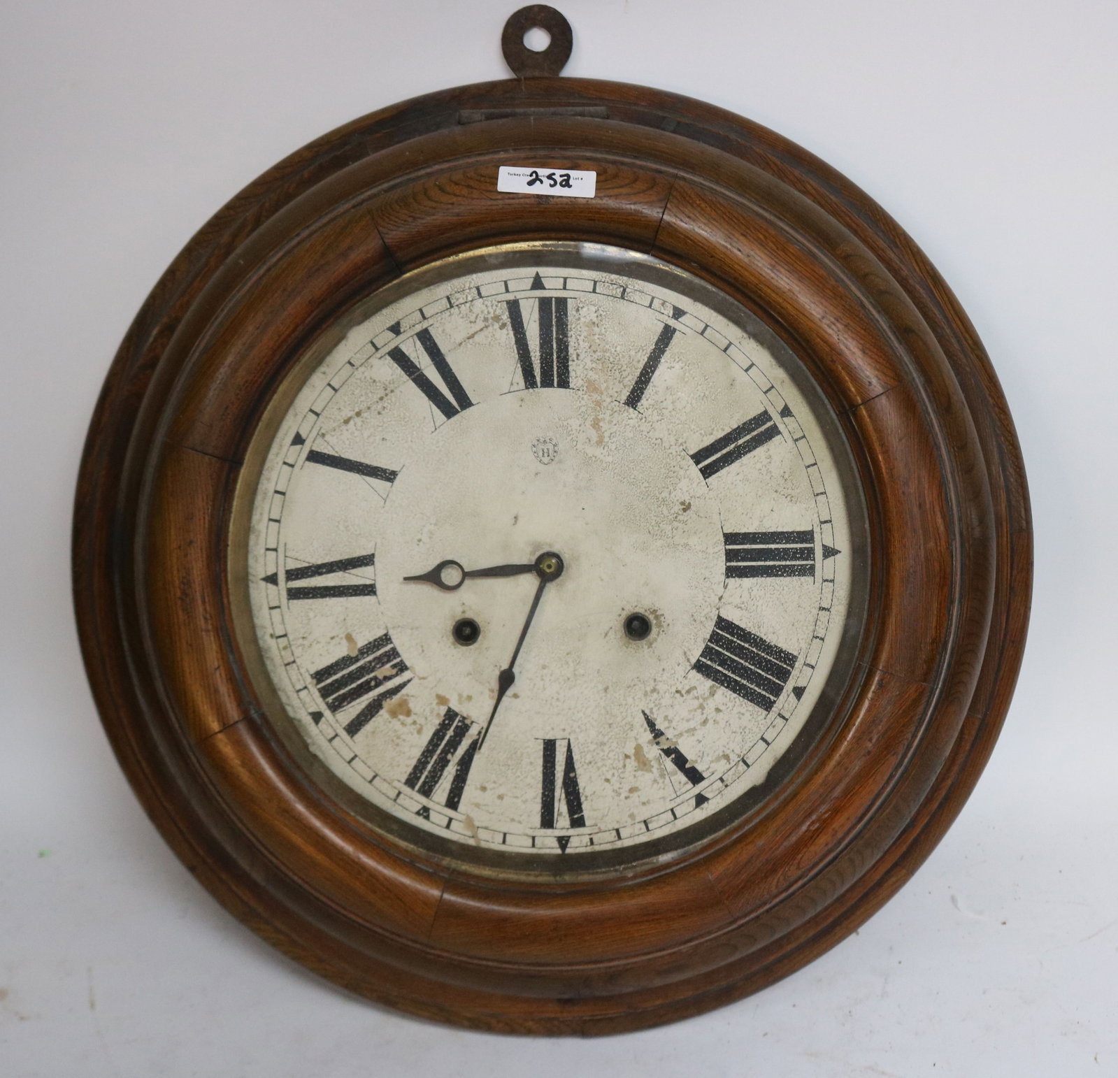 ROUND OAK GALLERY CLOCK, OLD FINISH, SPRINGS: GOOD, UNKNOWN WORKING CONDITION, 20" DIA.