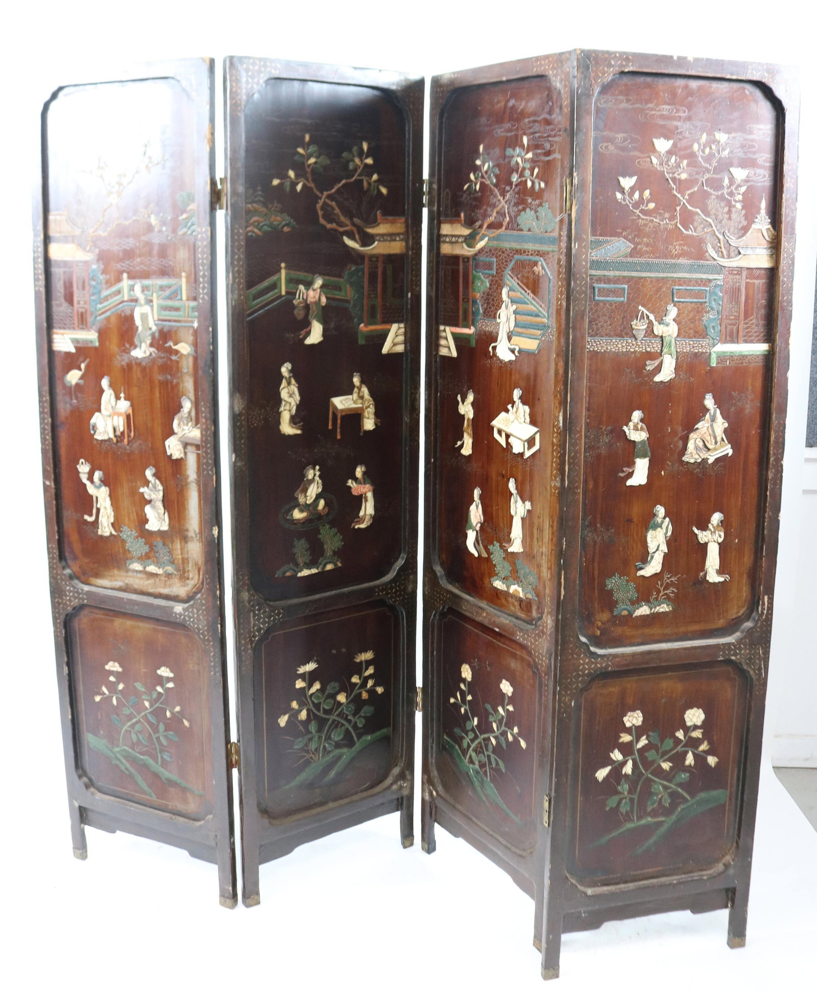 ASIAN 4 FOLD SCREEN, LACQUER WITH CARVED FIGURES,: SOME HINGES AS IS, 71 1/2" H, 72" W