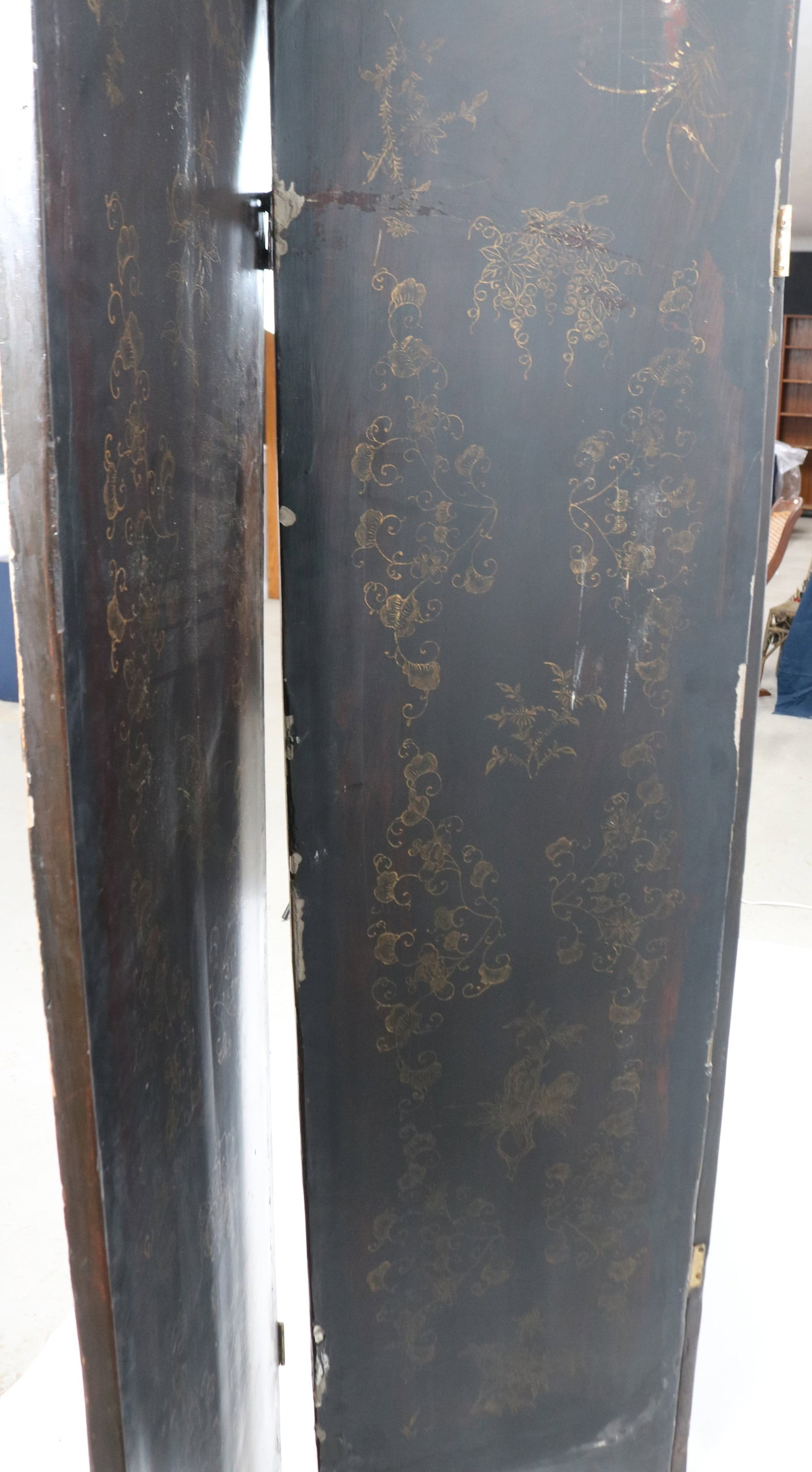 ASIAN 4 FOLD SCREEN, LACQUER WITH CARVED FIGURES, - 2