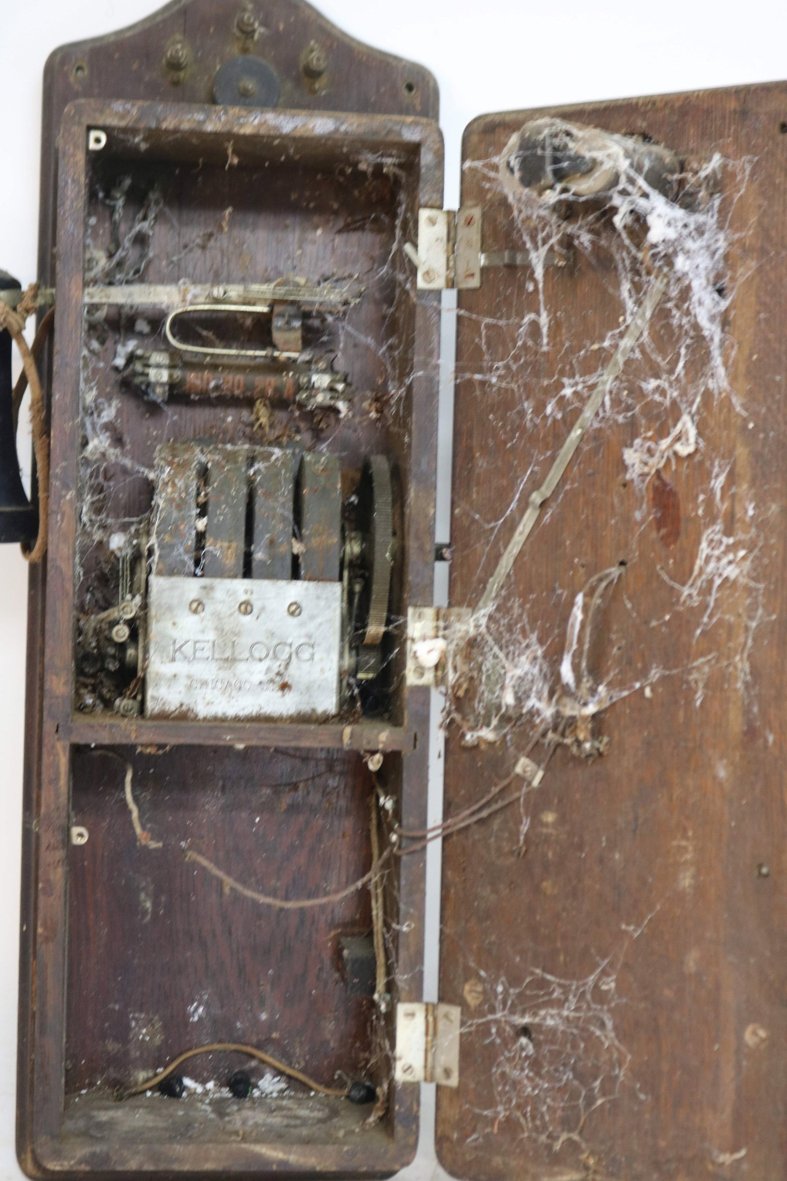OLD OAK WALL PHONE, AS FOUND CONDITION, WORN - 2