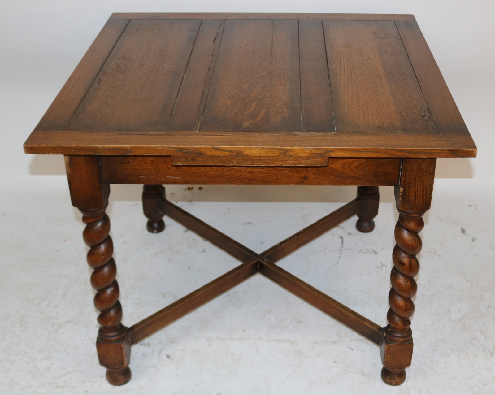 OAK TABLE, ROPE TWIST LEGS, OLD FINISH, NO: LEAVES, 20 1/4" H, 36" X 35"
