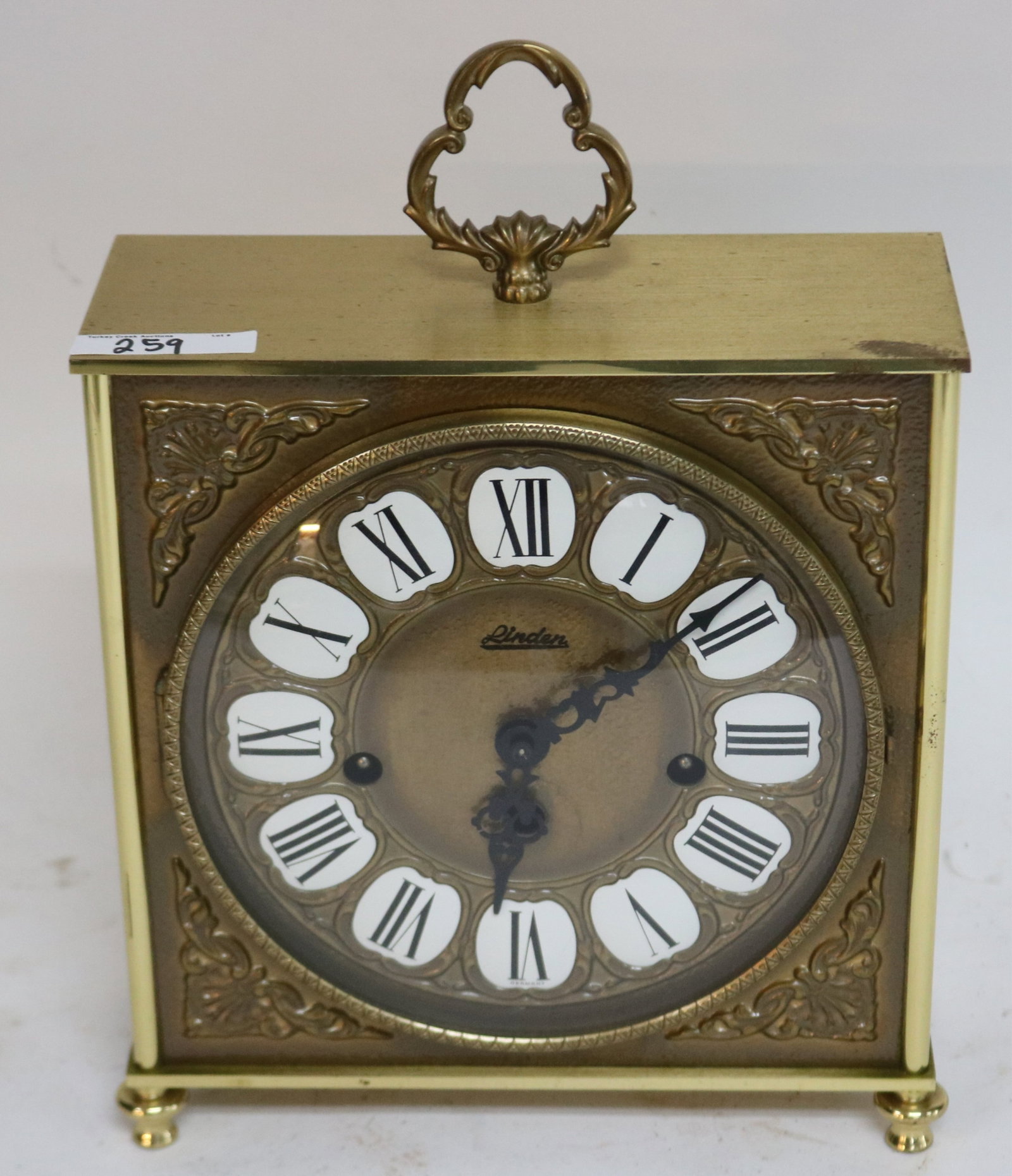 HEAVY BRASS CARRIAGE STYLE CLOCK, TIME & STRIKE,: WEST MINSTER CHIME, MADE BY FRANZ HERMLE, 17" H, 8 3/4" W, 3 1/2" D, CURRENTLY WORKING BUT NOT GUARANTEED