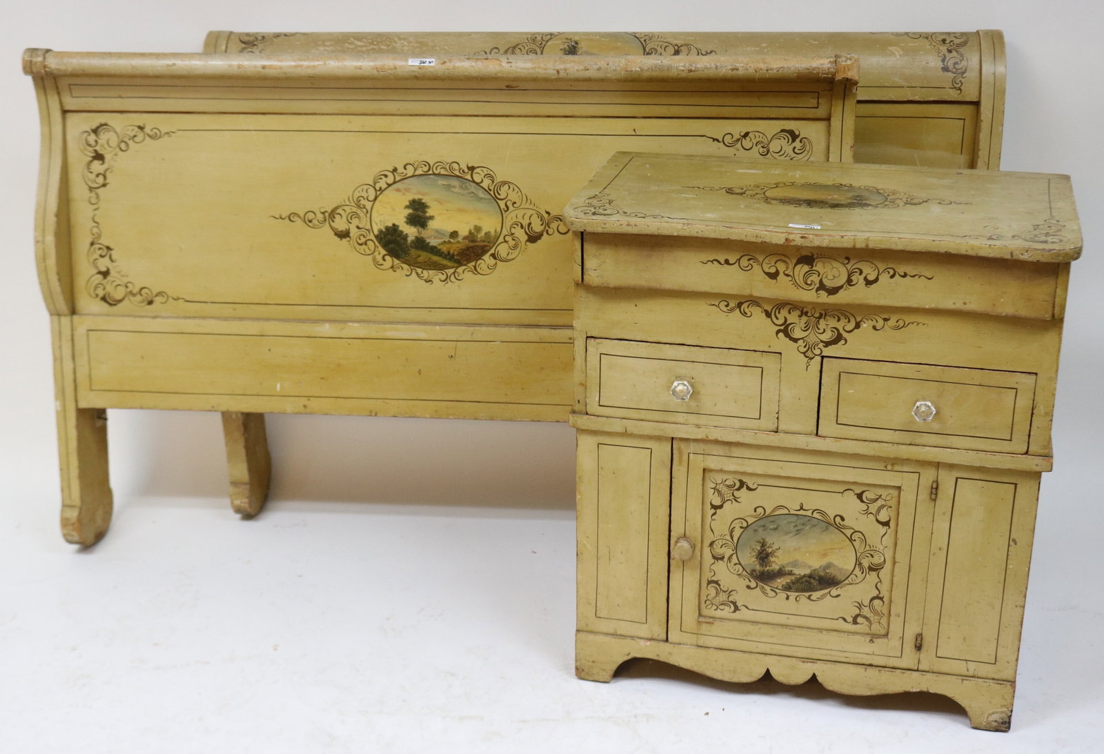 2 PCS. VICTORIAN PAINTED PINE BEDROOM SET WITH: SCENIC DESIGNS, BED SHOWS SOME OLD INSET DAMAGE, BED 37 3/4" H, 57 1/4" W, 65" RAILS, TAKES DOUBLE MATTRESS, COMMODE 32" H, 29" W, 17 1/4" D