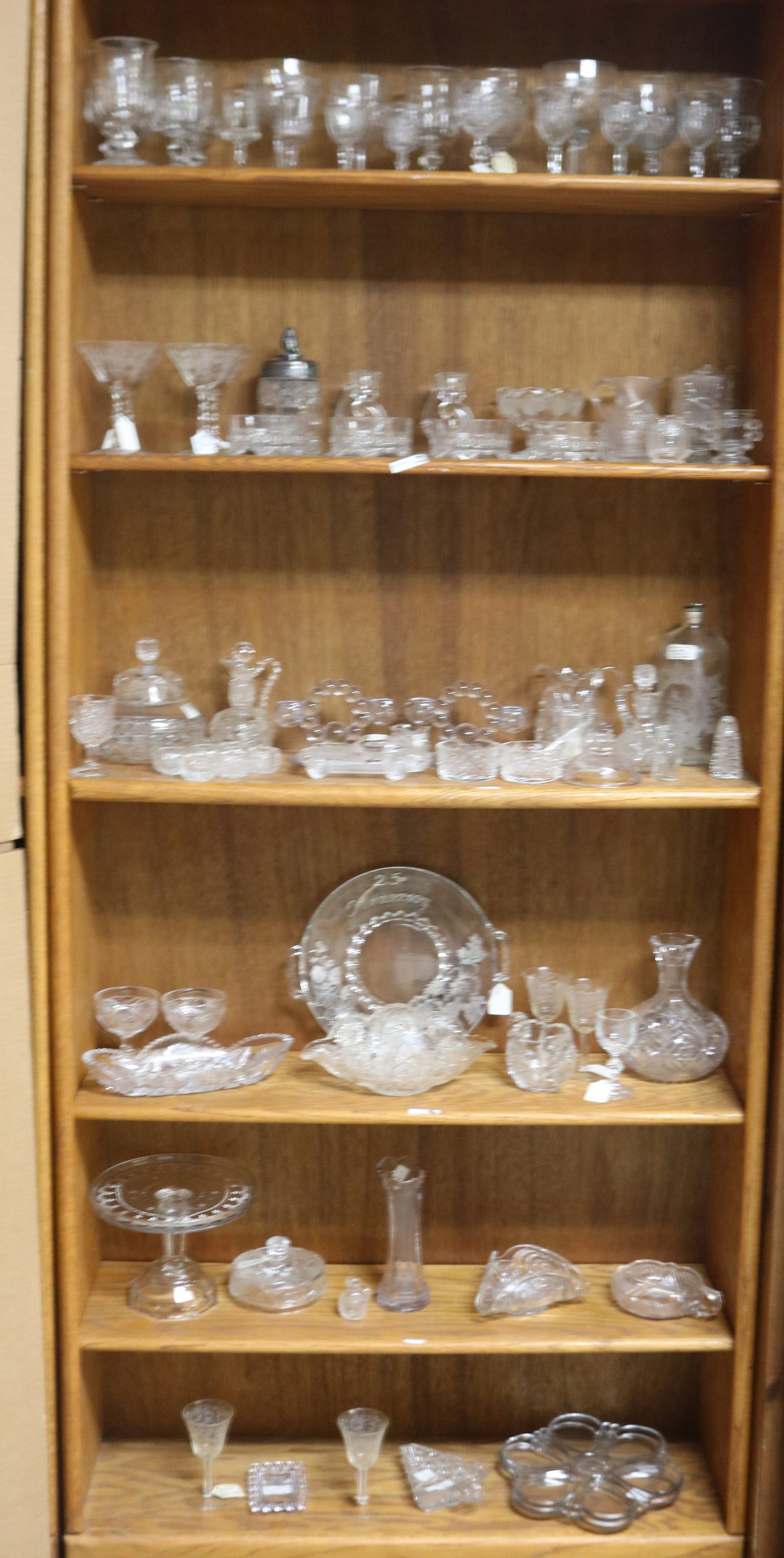 79 PCS. CLEAR GLASS, STEMWARE, JARS, CANDLE: STICKS, COMPOTE, TRAYS, VASES, ETC. 1/2" - 9" H, 1 3/4" - 12 1/4" W