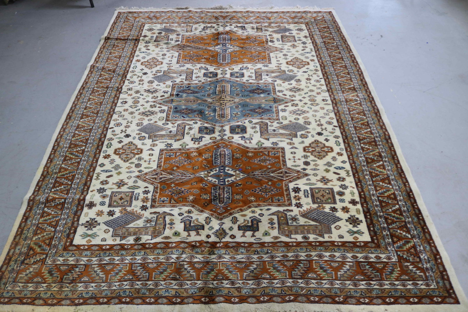 CONTEMPORARY CAUCASIAN ROOM SIZE RUG, 6' 2" X 9',: SHOWS STAINING & MOTH DAMAGE