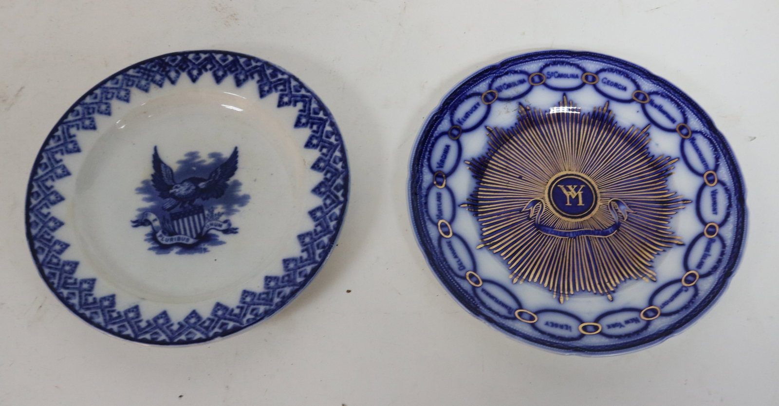 2 BLUE TRANSFER WARE PLATES, 13 COLONIES &: AMERICAN EAGLE, 8 3/4" - 9", NO DAMAGE