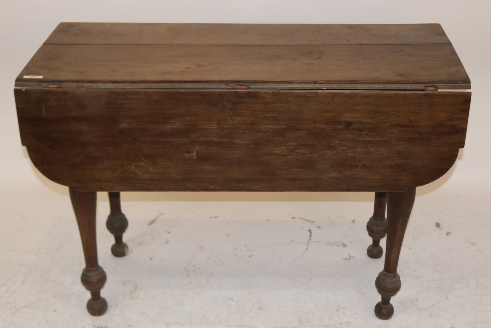 19TH C. DROP LEAF TABLE, WALNUT, OLD WORN FINISH,: SHAPED DROP LEAVES, C. 1840S, 28" H, 42" W, 18" D, 11" DROP LEAVES