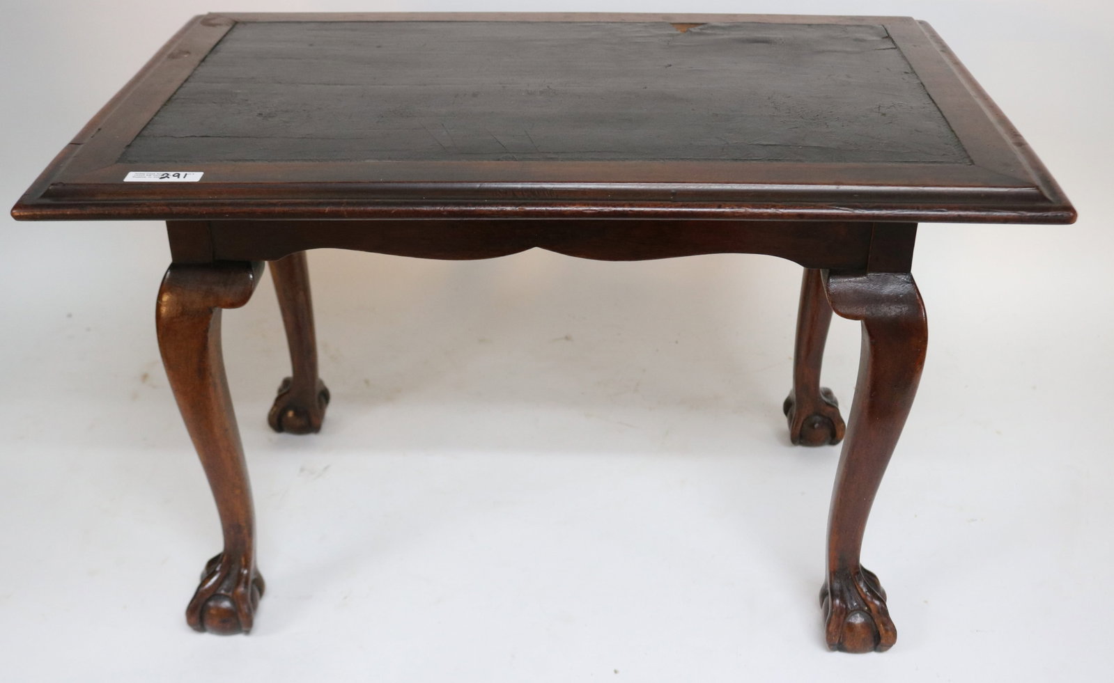 SMALL CHIPPENDALE STYLE TABLE, OLD FINISH,: MAHOGANY, 14 3/4" H, 23 3/4" W, 16 1/4" D, AS IS LEATHER TOP