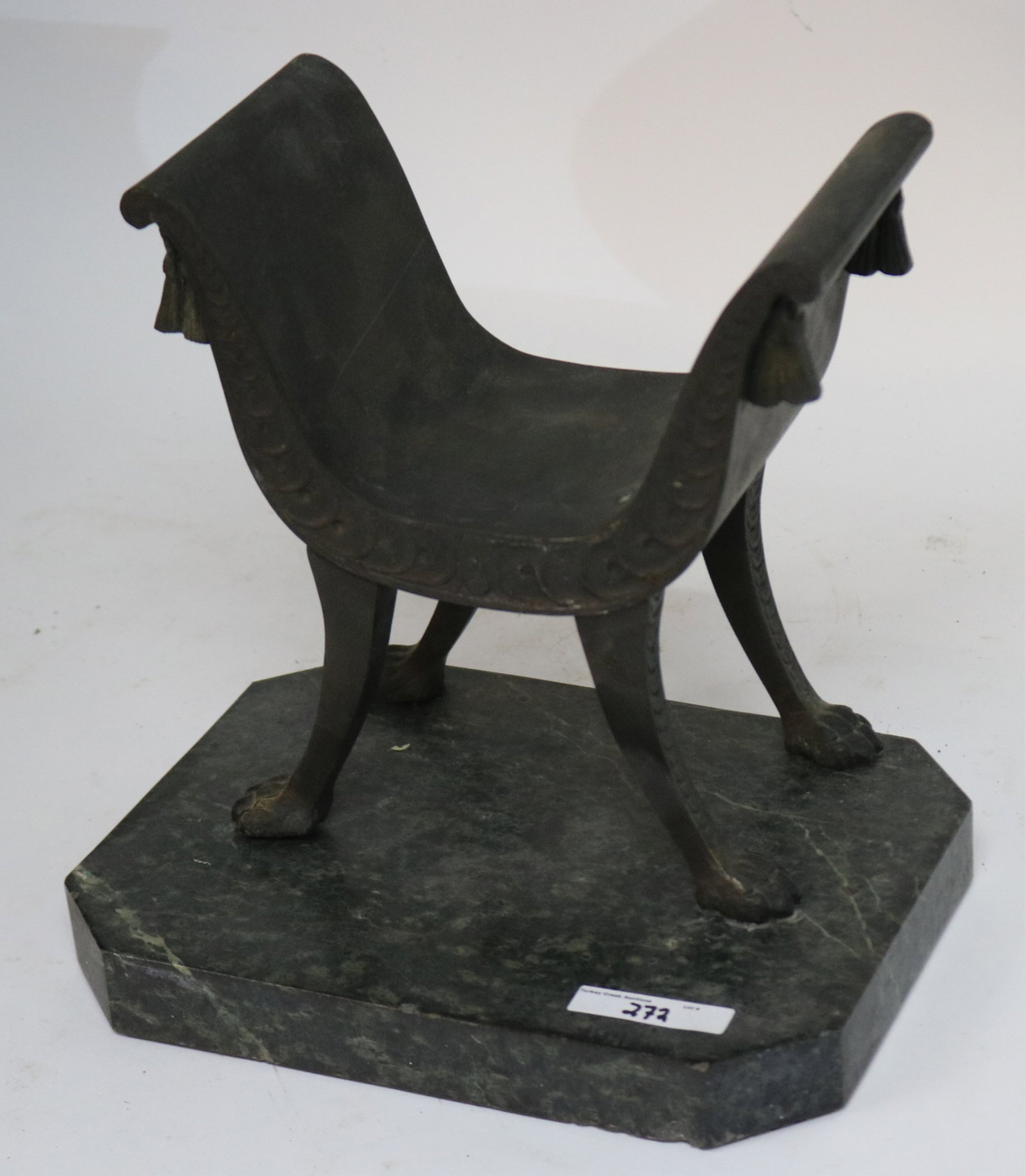 BRONZE SAVONAROLA CHAIR ON GREEN MARBLE BASE, 9: 1/4" H, 9 1/2" W, 7" D