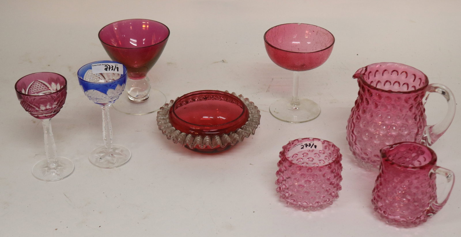 8 PCS. COLORFUL GLASS, 2 CUT OVERLAY CORDIALS, 3 (1 of 2)