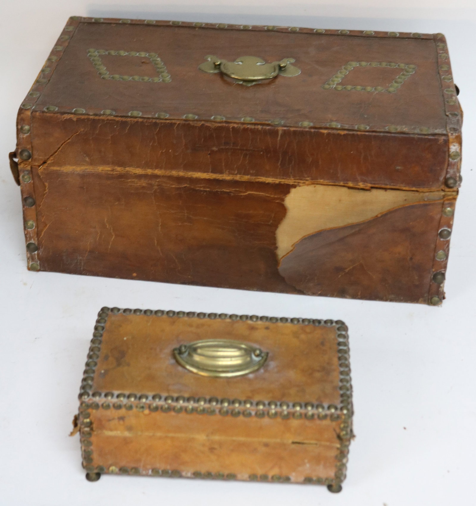 TWO 19TH C. LEATHER COVERED BOXES, BRASS STUDDED - 2