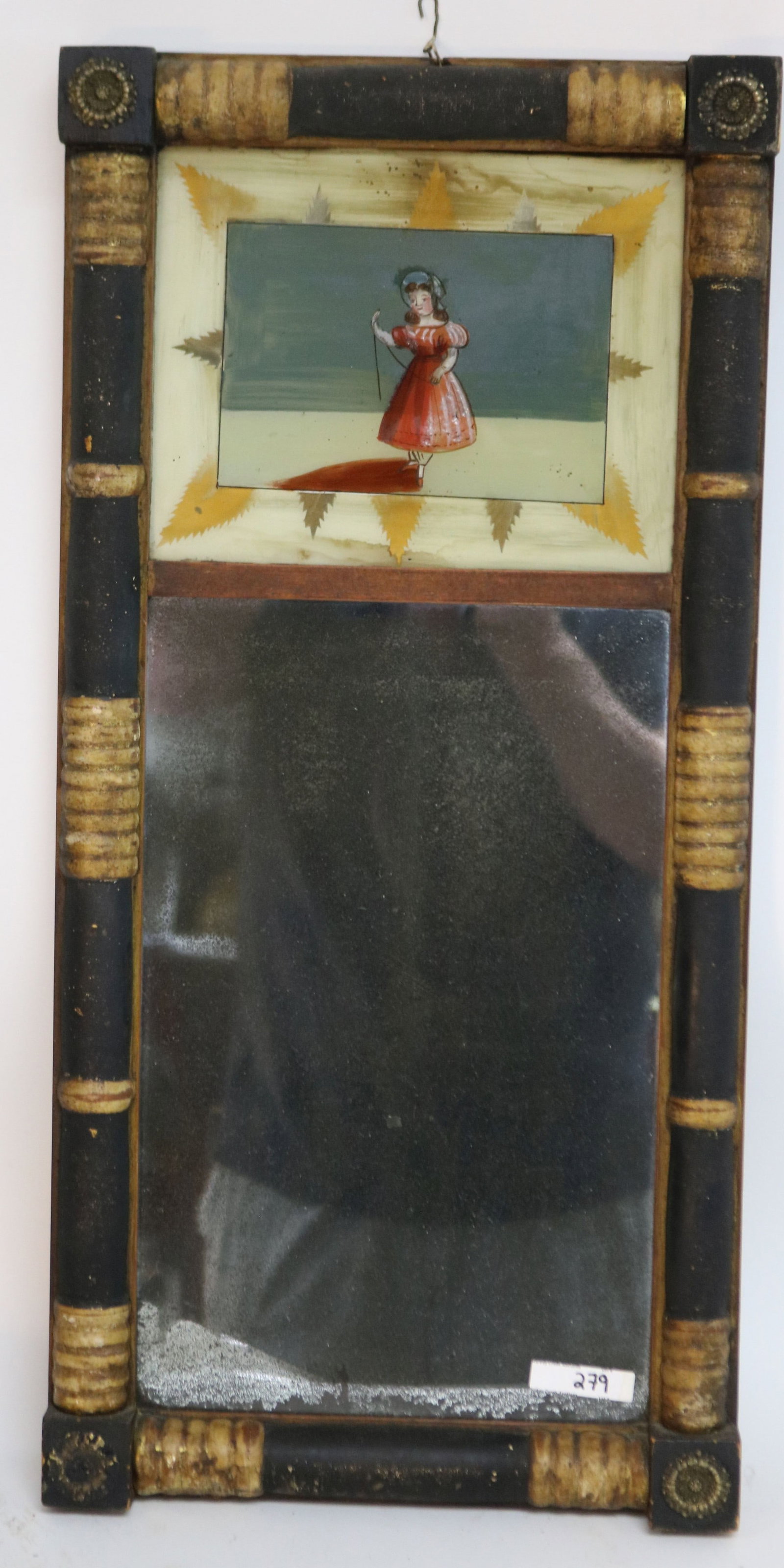 19TH C. SPLIT COLUMN MIRROR WITH REVERSE PAINTED: PANEL, OLD PAINTED SURFACE, 24 1/4" H, 11 1/2" W