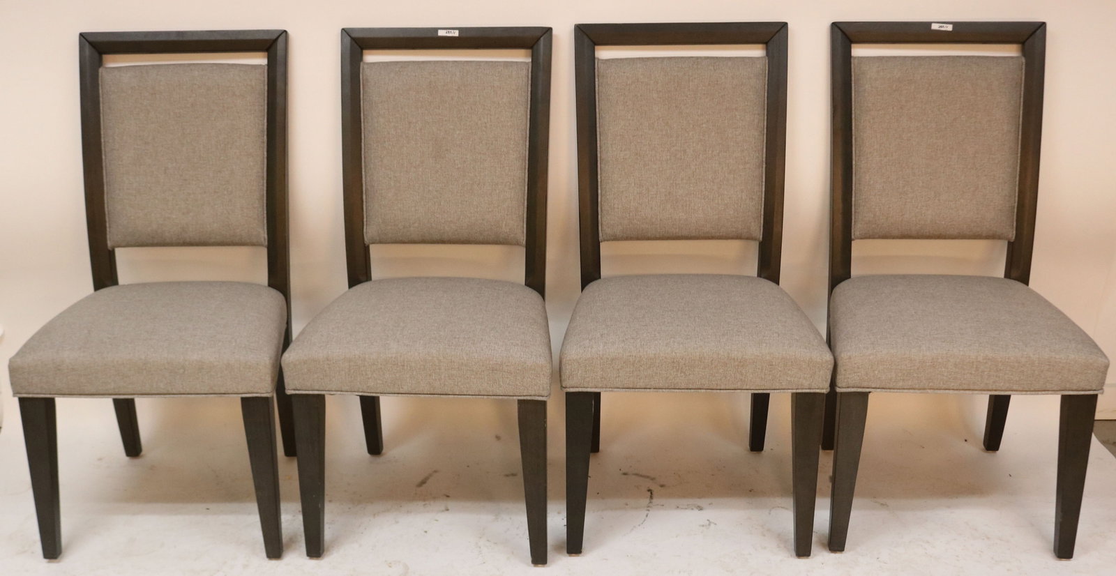 SET 4 CONTEMPORARY DINING CHAIRS, UPHOLSTERED: BACK & SEATS, BLACK PAINTED FINISH, 39" H, 21" W, 19" D, 19" SEAT HEIGHT