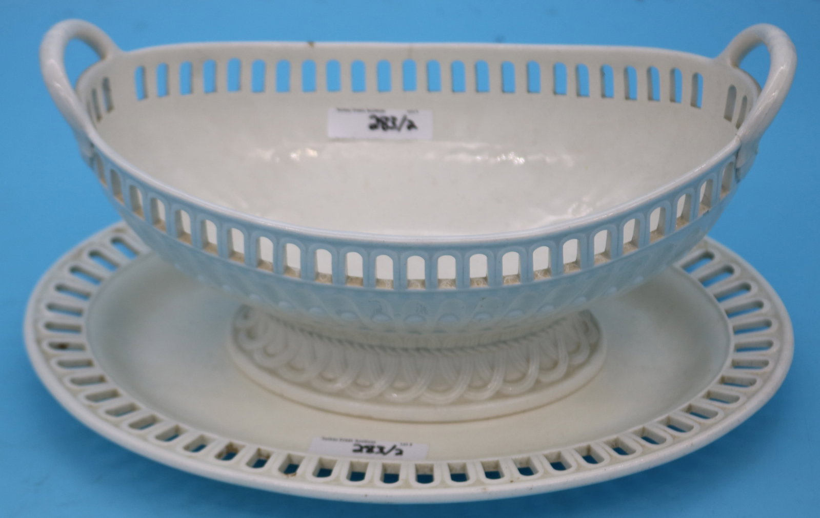 19TH C. WEDGWOOD CREAM WARE BOWL & UNDERLINER,: OPENWORK BORDERS, UNDERLINER 12" & 9", BOWL 5 1/2" H, 11" W, 6 1/2" D, SHOWS CRACK