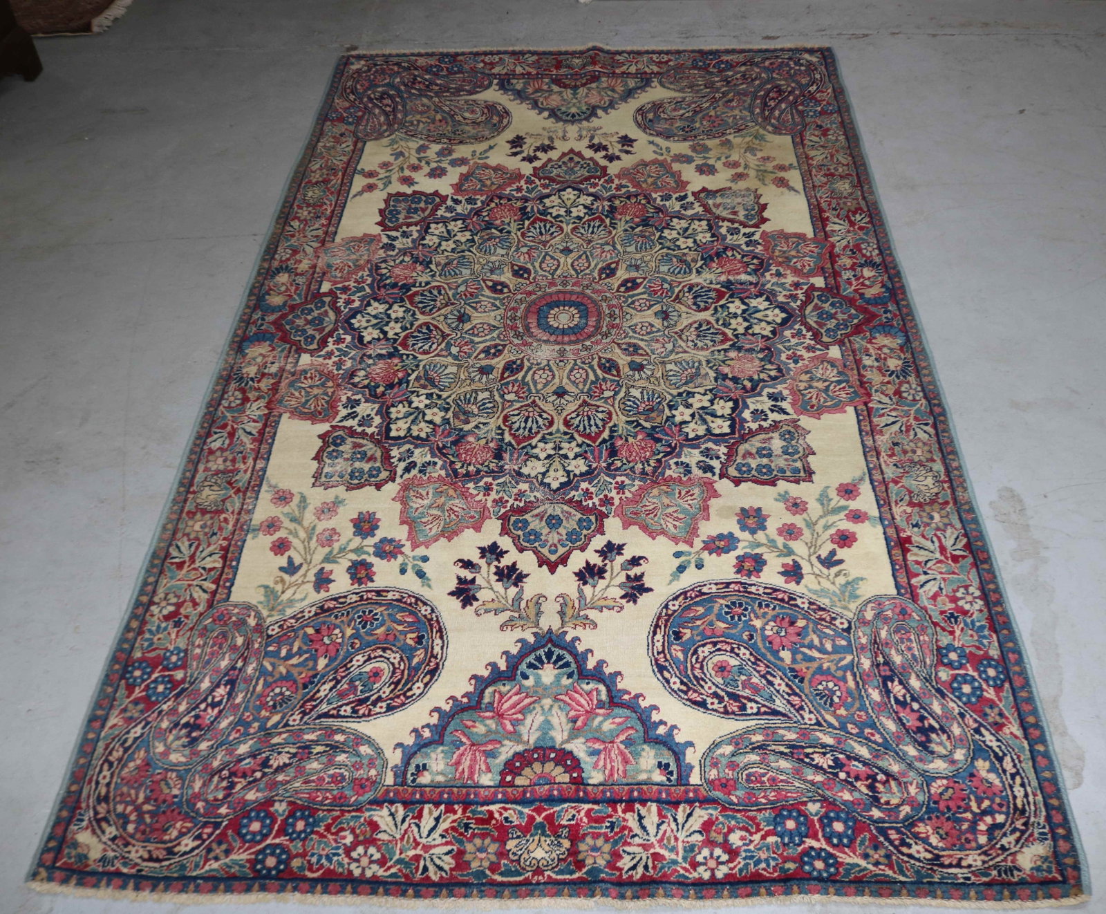 PERSIAN AREA RUG, GEOMETRIC FLORAL & PAISLEY: DESIGN, SHOWS OVERALL WEAR, NEEDS CLEANING, 4' 4" X 7' 7"
