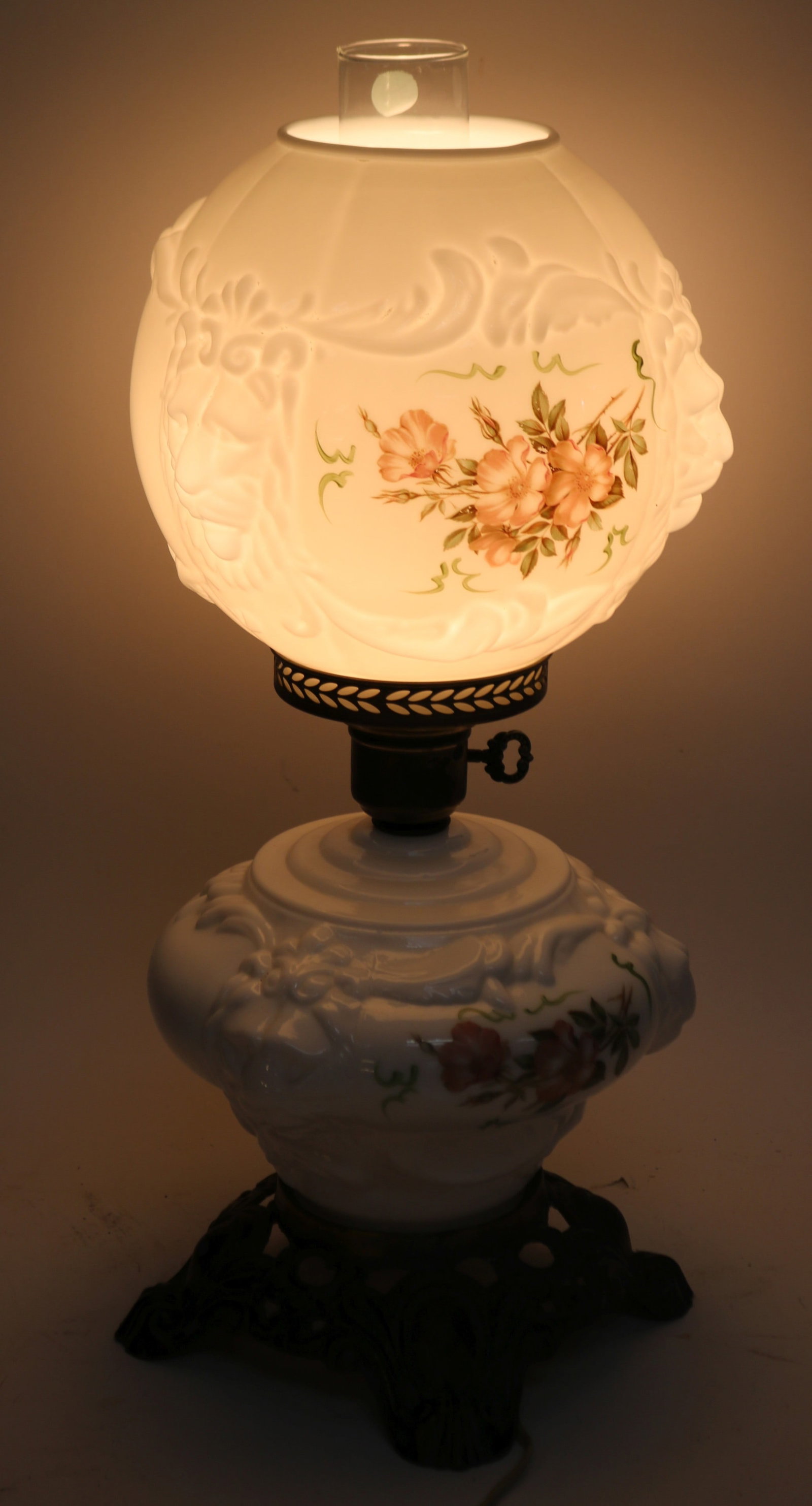 CONTEMPORARY GONE WITH THE WIND STYLE MAP,: EMBOSSED LION HEADS, FLORAL DESIGNS, 21" H, 8 1/2" DIA.
