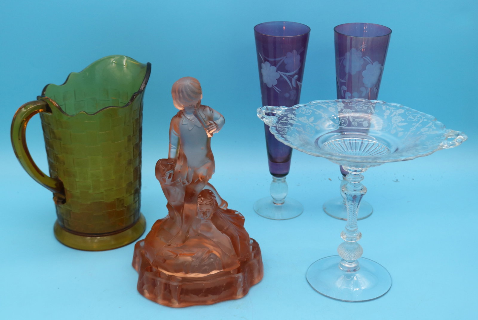 5 PCS. PRUSSIAN ERA GLASS, PINK FIGURAL FROG BOX: 10" H, PAIR FLASHED VASES 10 1/4" H, AMBER BASKET WEAVE PITCHER 8 1/2" H, ELEGANT ETCHED COMPOTE 7 3/4" H