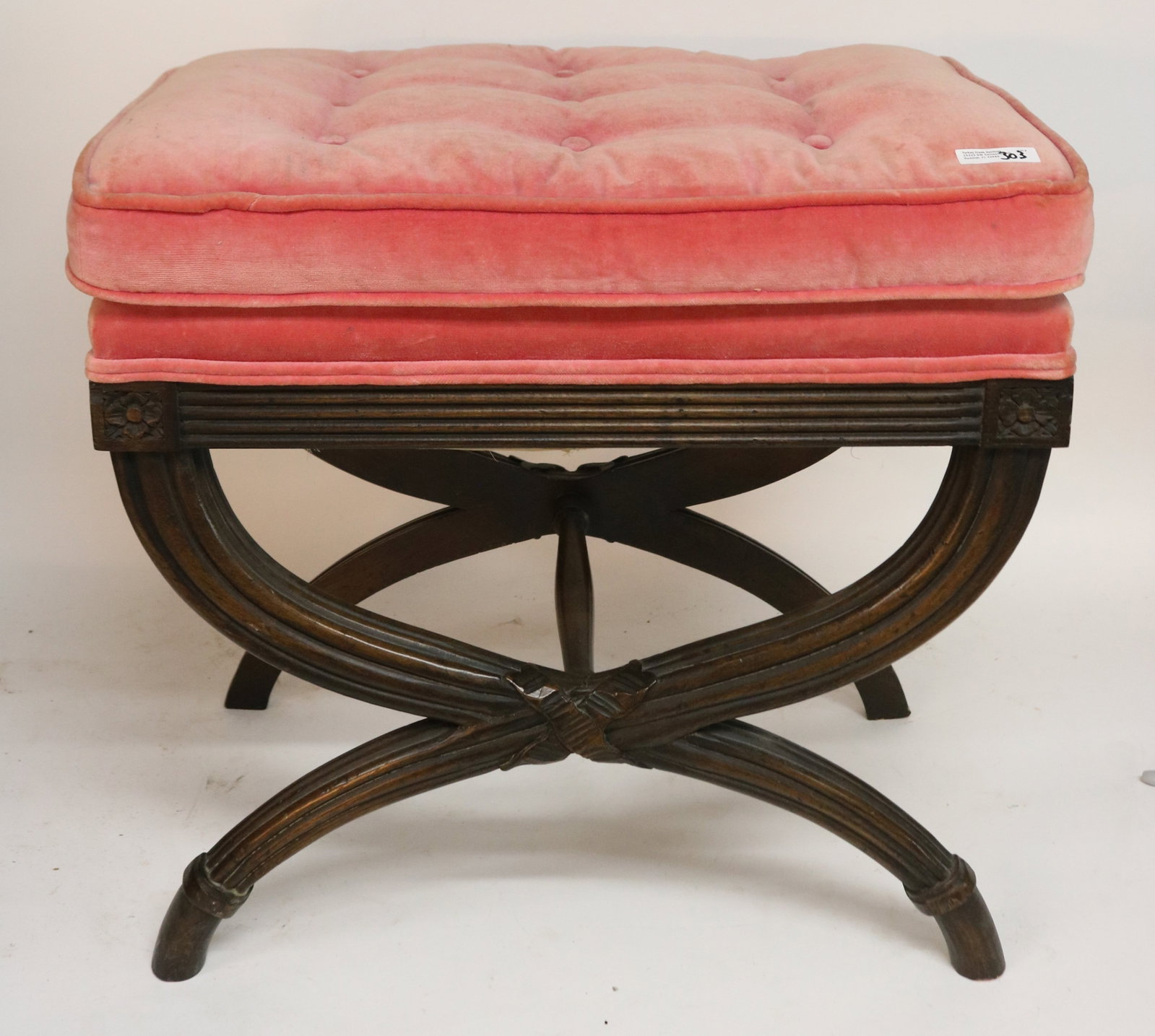 CARVED MAHOGANY REGENCY STYLE STOOL, TUFTED (1 of 1)
