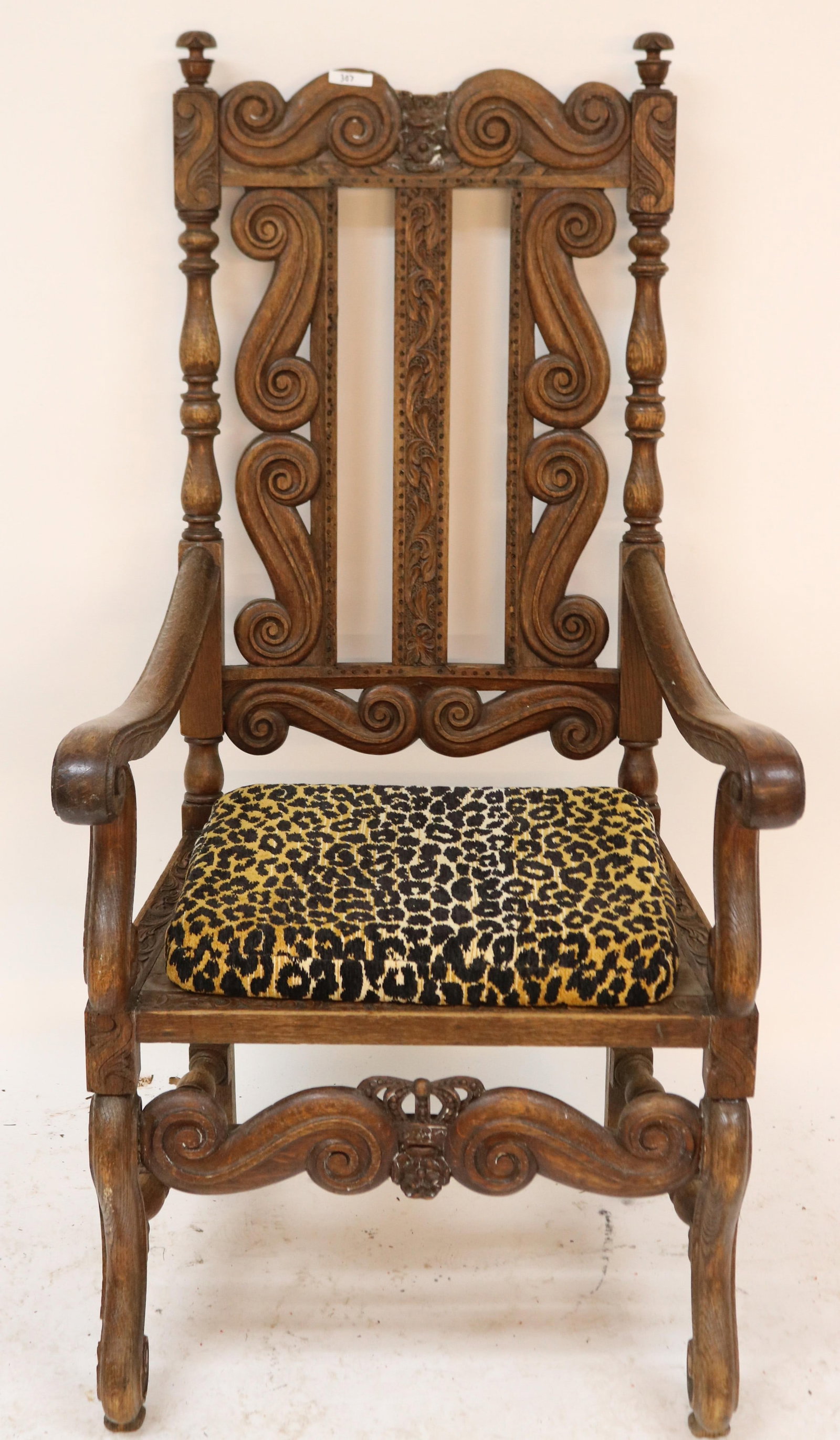ORNATELY CARVED WALNUT ARM CHAIR, OLD FINISH,: CREST MISSING, 50" H, 25"? 23 1/2" D, 18" SEATH HEIGHT