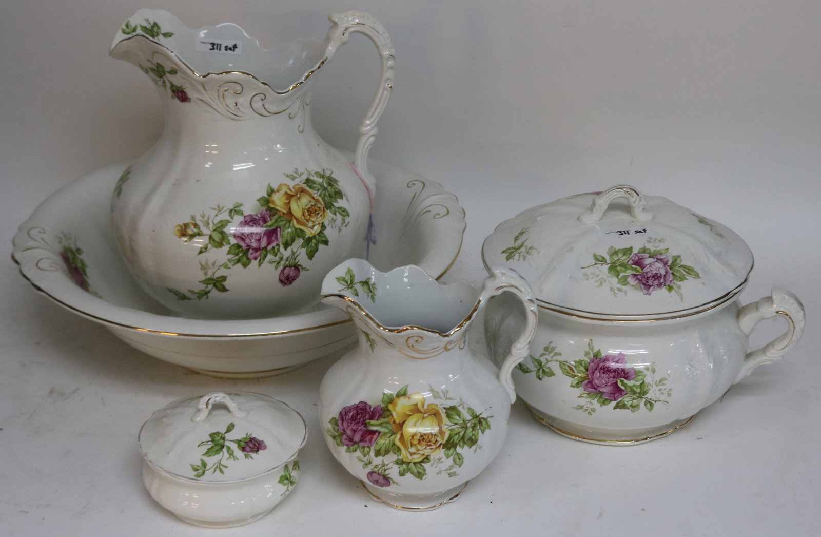 5 PCS. IRONSTONE CHAMBER SET WITH ROSE: DECORATION, SMALL DISH HAS SMALL CHIP, REST ARE PERFECT, 4" - 11 1/2" H, 5" - 16 1/2" W