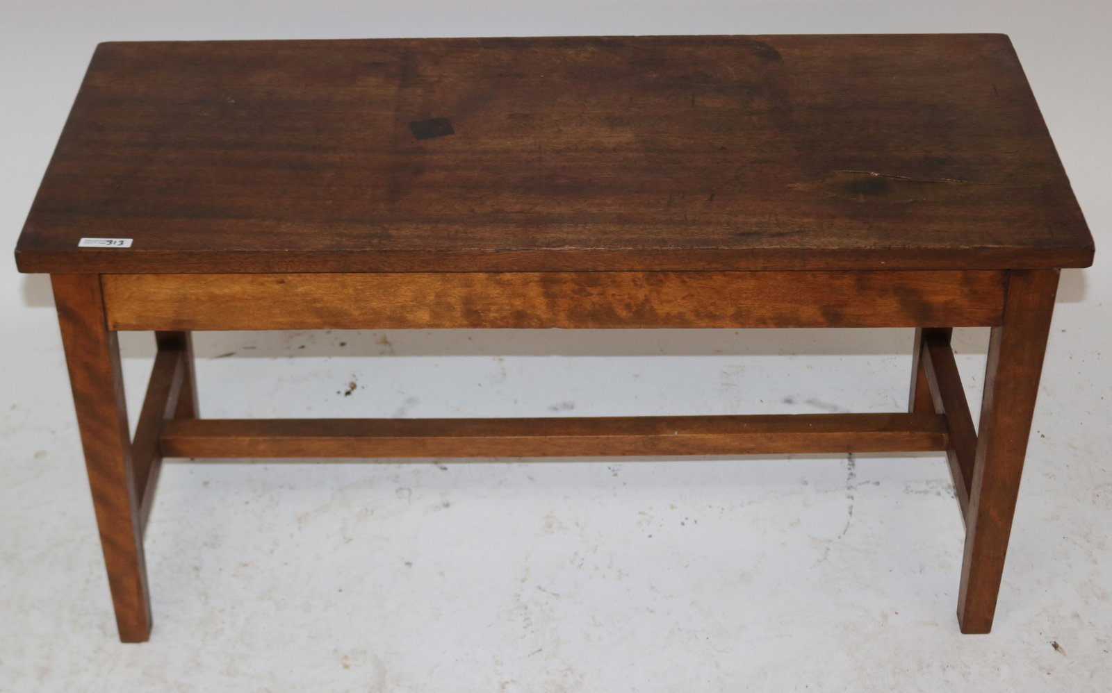 MAHOGANY LIFT SEAT PIANO BENCH, WORN FINISH, 19": H, 36" W, 15" D