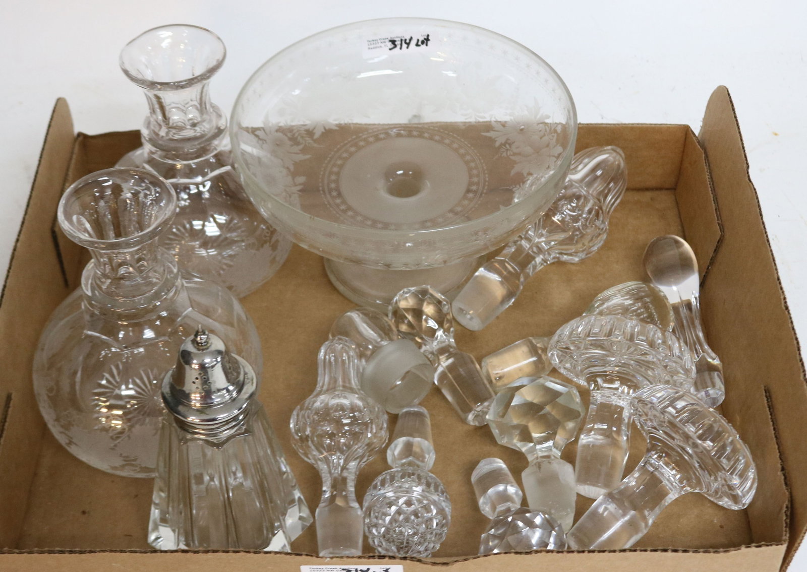 GLASS LOT, STOPPERS, COMPOTE, CARAFES, ETC.: SEE PHOTO
