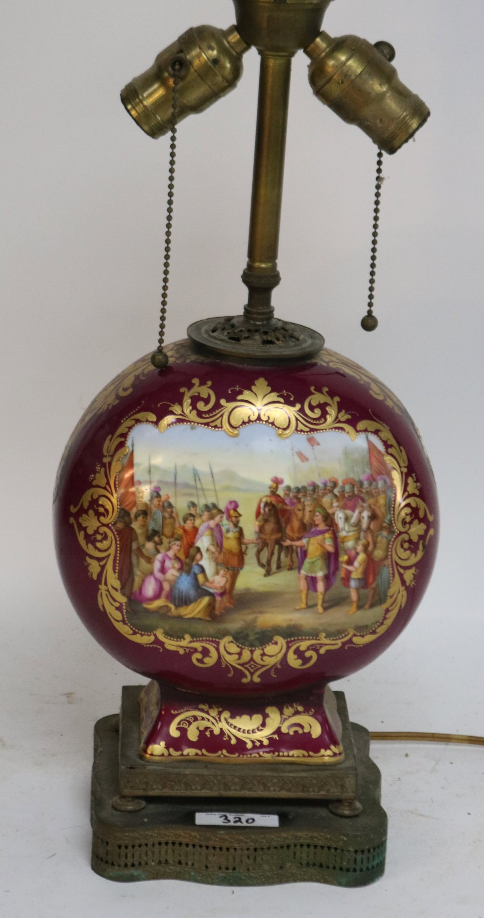 PORCELAIN CANTEEN FORM VASE, MOUNTED AS TABLE: LAMP, ROMAN SCENE, SHOWS REPAIR TO BASE, 20" H, 8" W