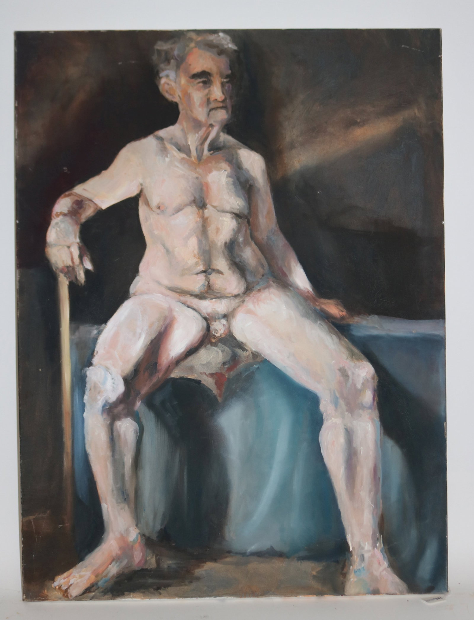 LARGE OIL ON CANVAS, NUDE ELDERLY MAN, POSSIBLY: FROM THE VILLAGES, POSSIBLE TITLE"HAVE YOU SEEN MY LOOFAH" SIGNED JENNA NITISHIN FALL 01