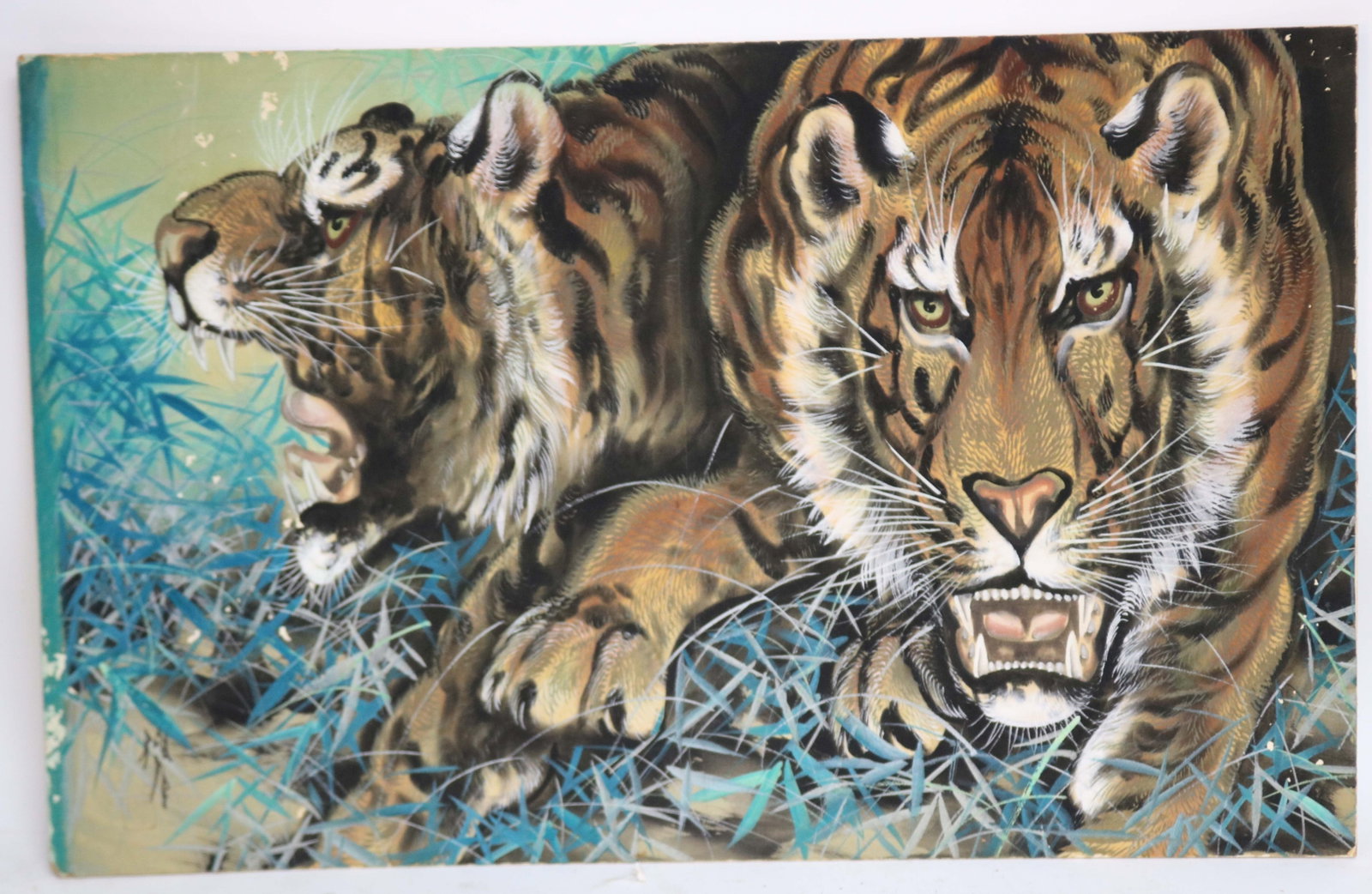 OIL ON BOARD, ASIAN ARTIST SIGNED, TIGERS,: UNFRAMED, 16 1/3 X 26 3/4", MINOR DAMAGE