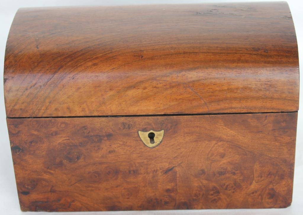 19TH C. DOME TOP TEA BOX, BRASS SHIELD: ESCUTCHEON, BURL WOOD & MAHOGANY, GLASS INSERT MISSING, 6" H, 9 1/2' L, 5 1/2" D